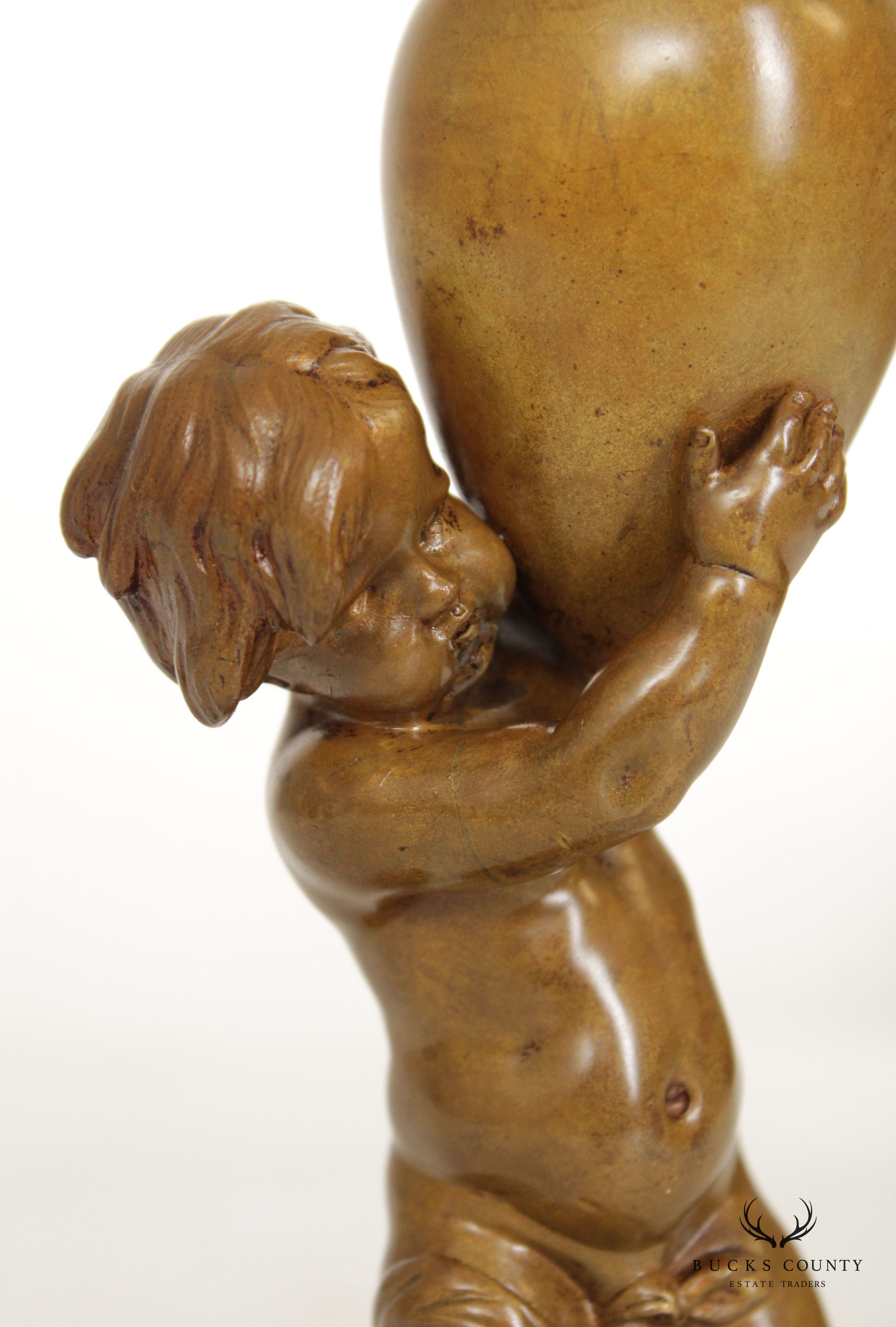 Louis Kley Art Nouveau Bronze Sculpture, Boy with Urn Signed