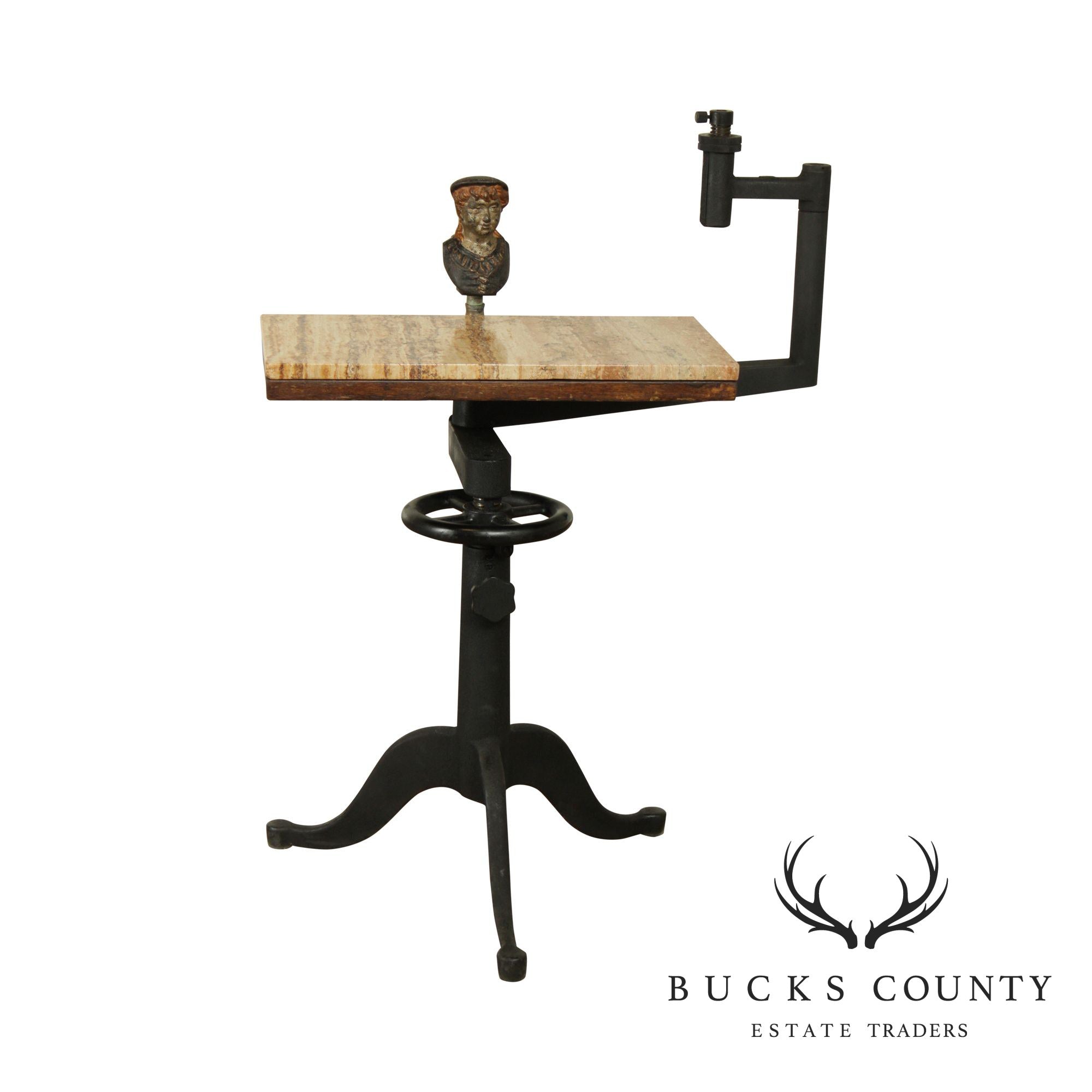 Industrial Work Table Converted to Side Table with Marble Top