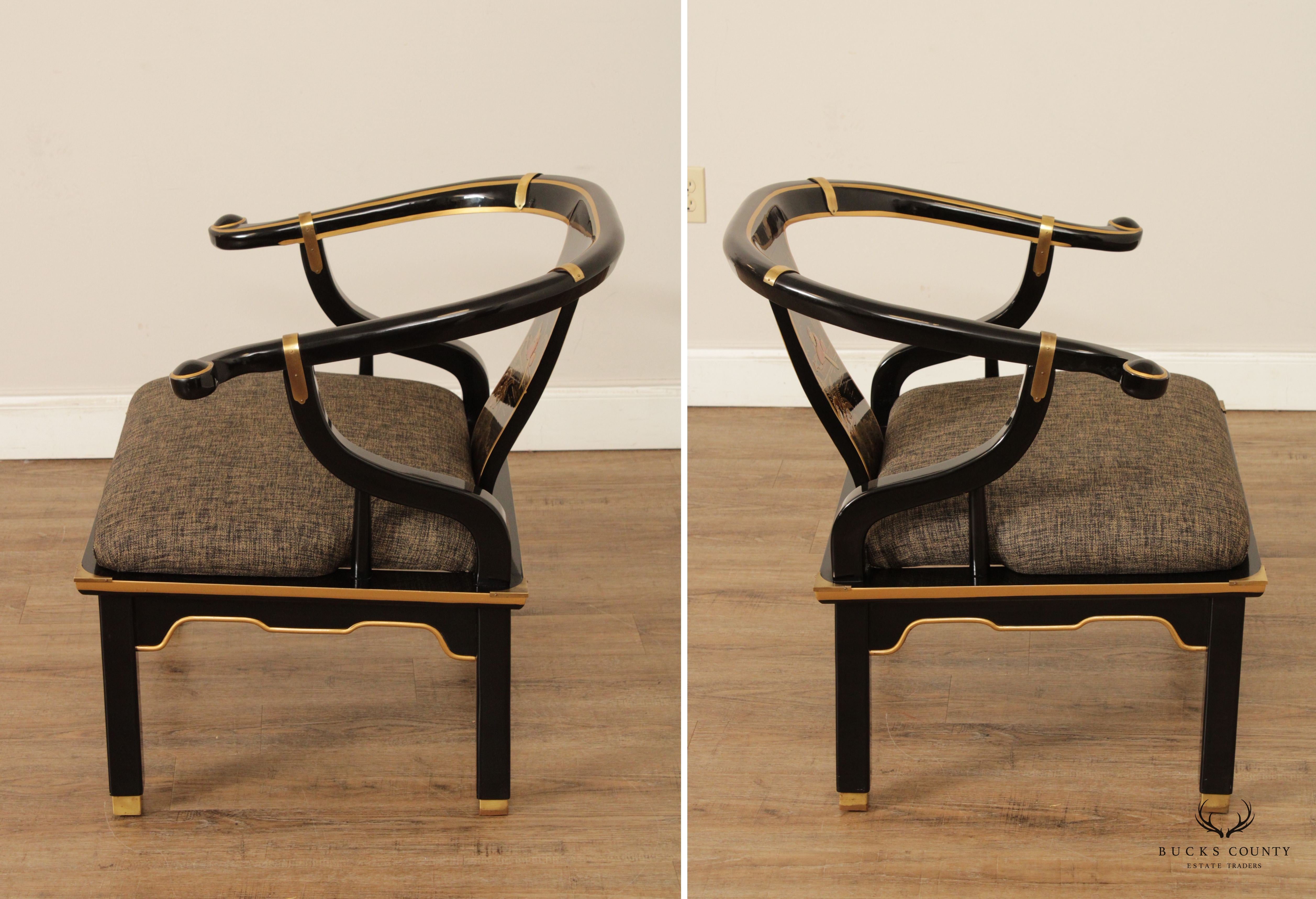 Chinoiserie Decorated Black Lacquer Pair of Horseshoe Armchairs