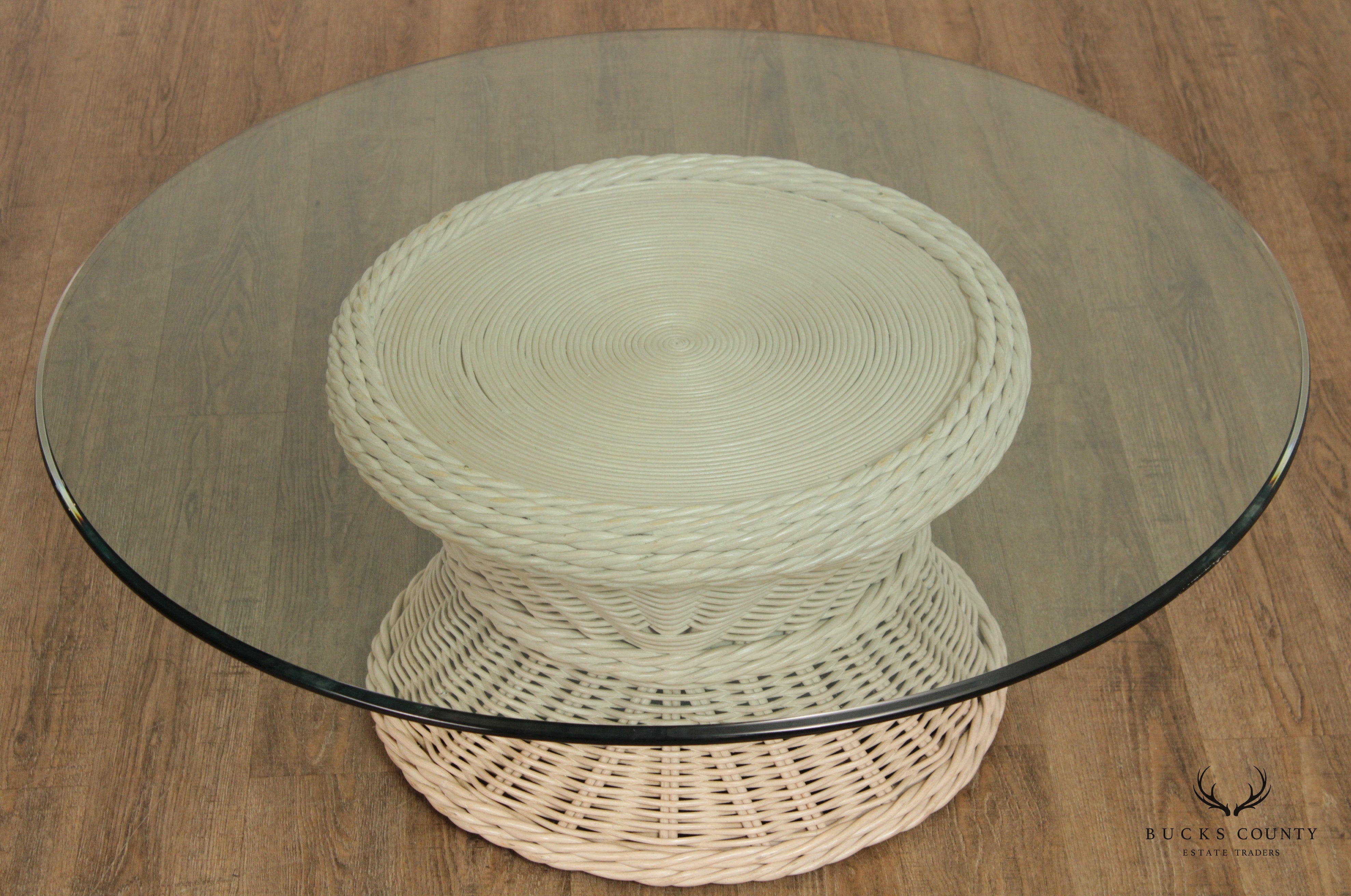 Vintage Round Wicker Rattan Glass Top Coffee Table