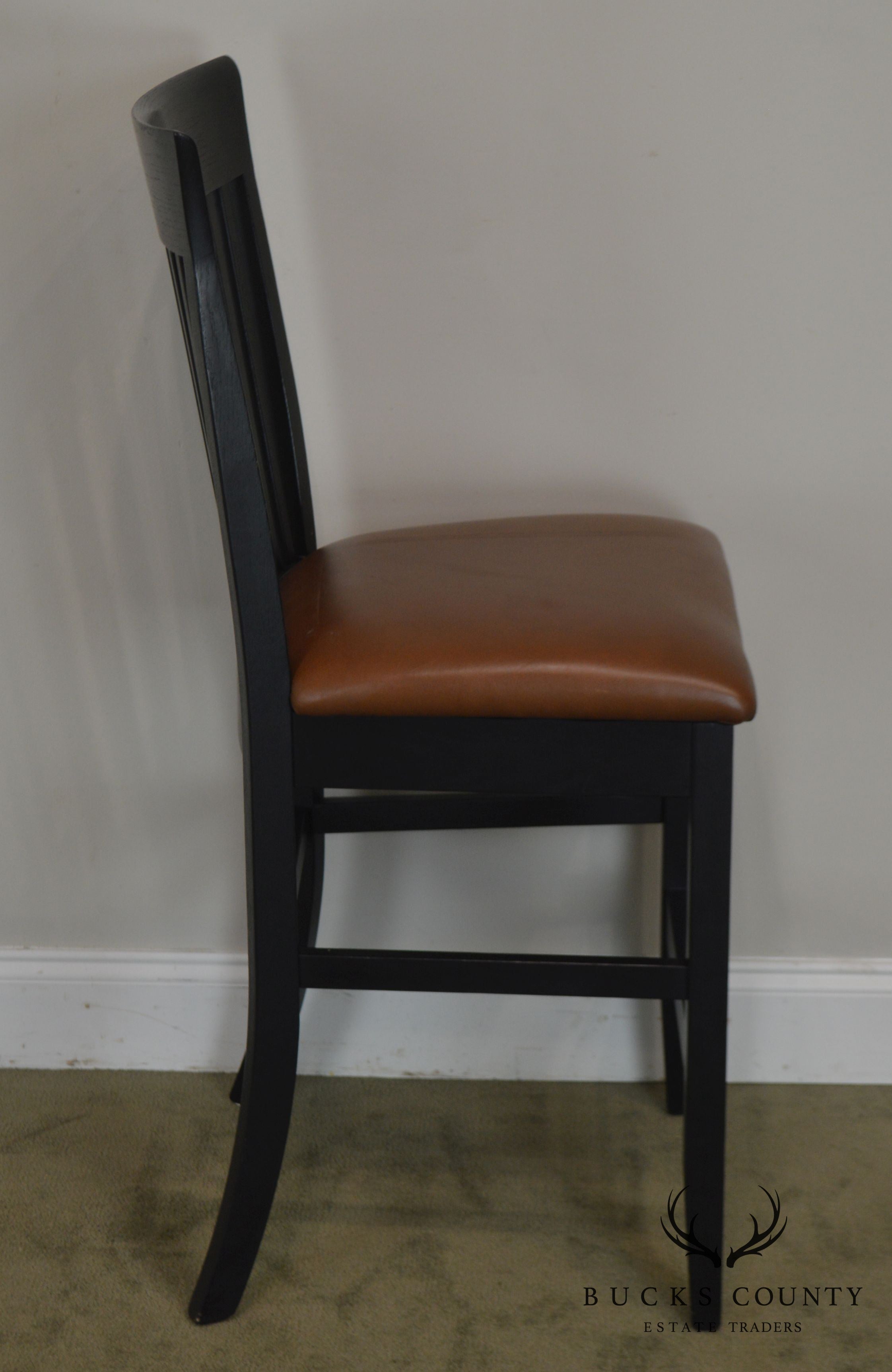 F & N Woodworking Pair Black Bar Stools with Brown Leather Seats