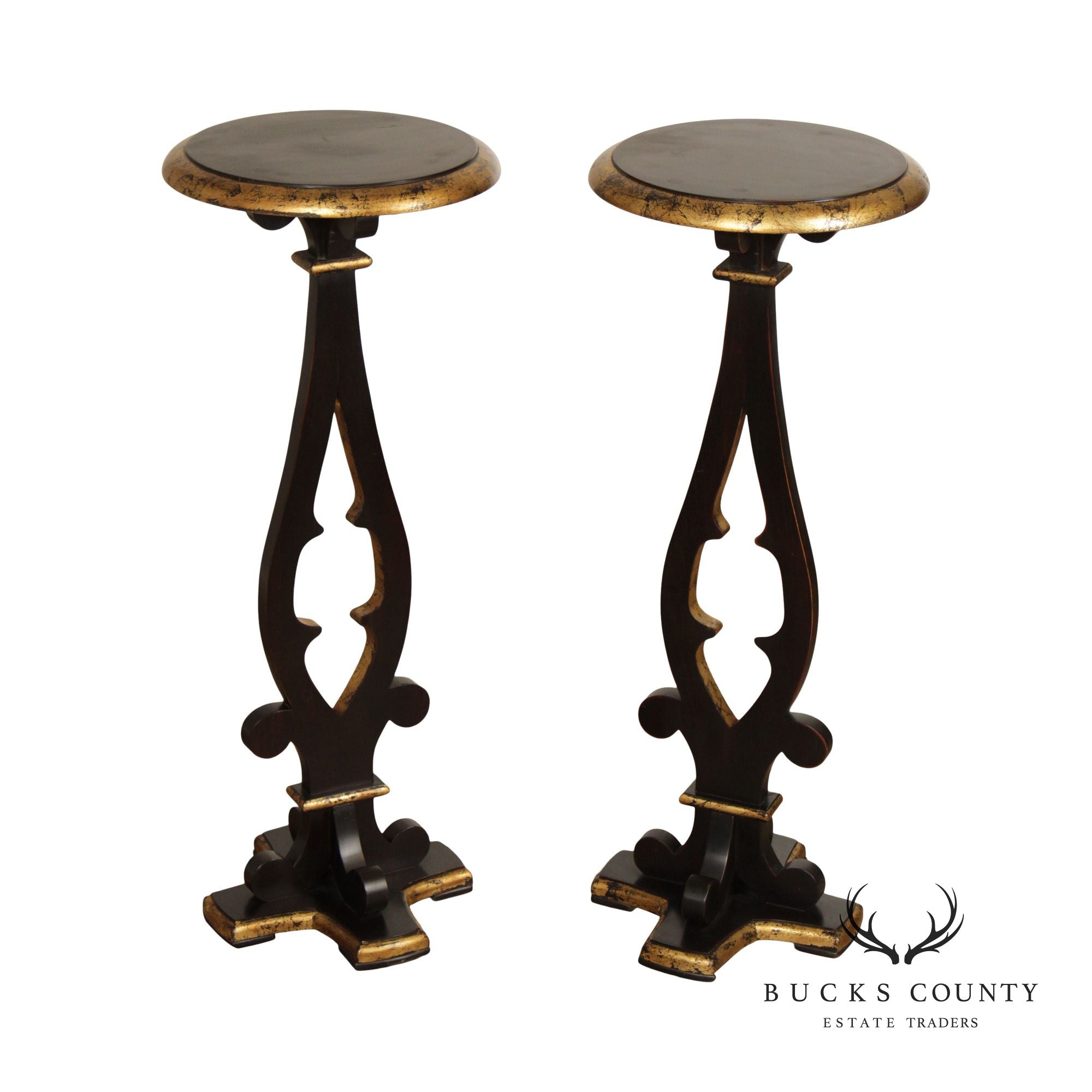 Vintage Ebonized and Partial Gilt Pair of Pedestal Plant Stands