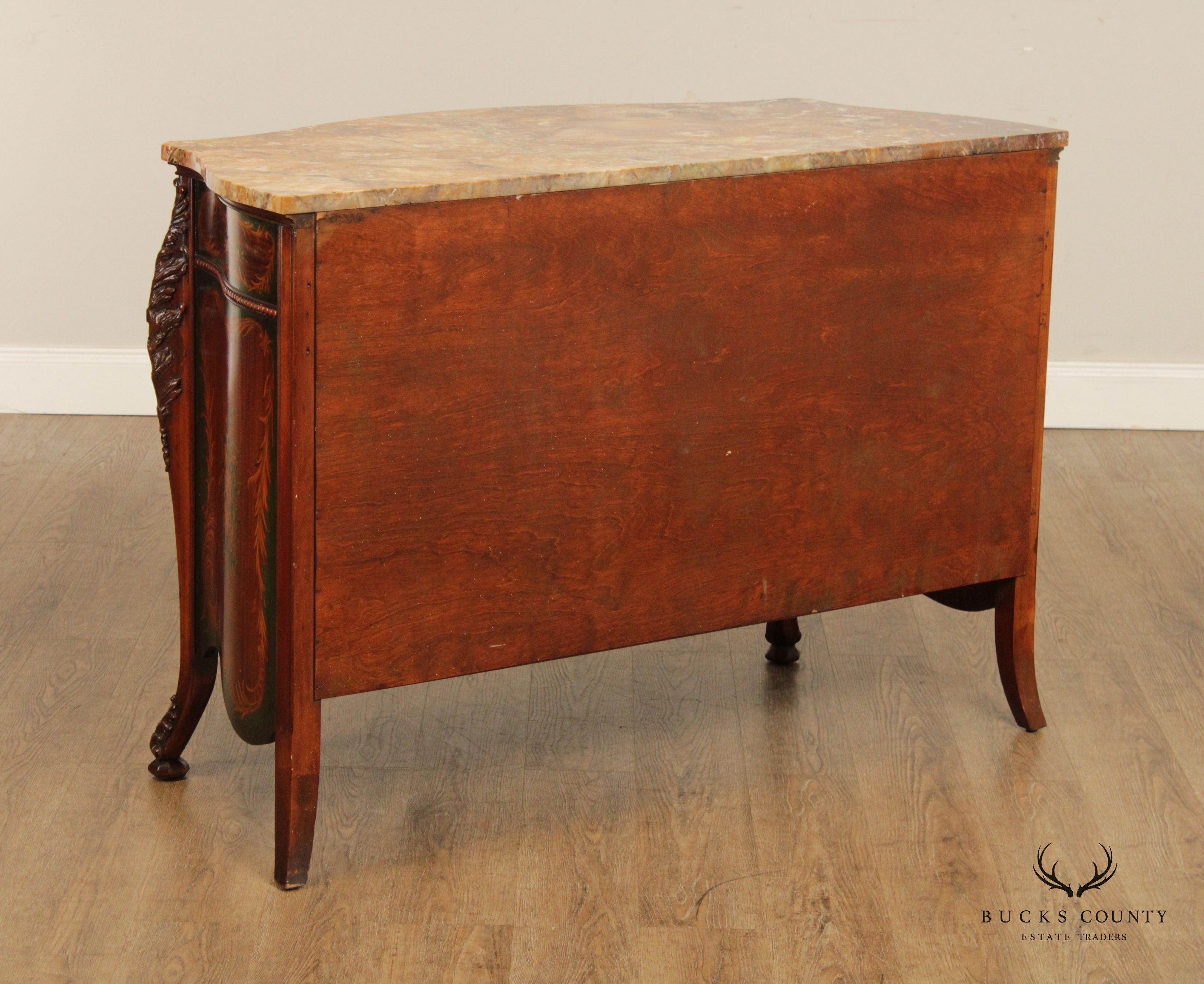 Johnson Furniture Co. Vintage French Louis XV Style Marble Top Paint Decorated Commode