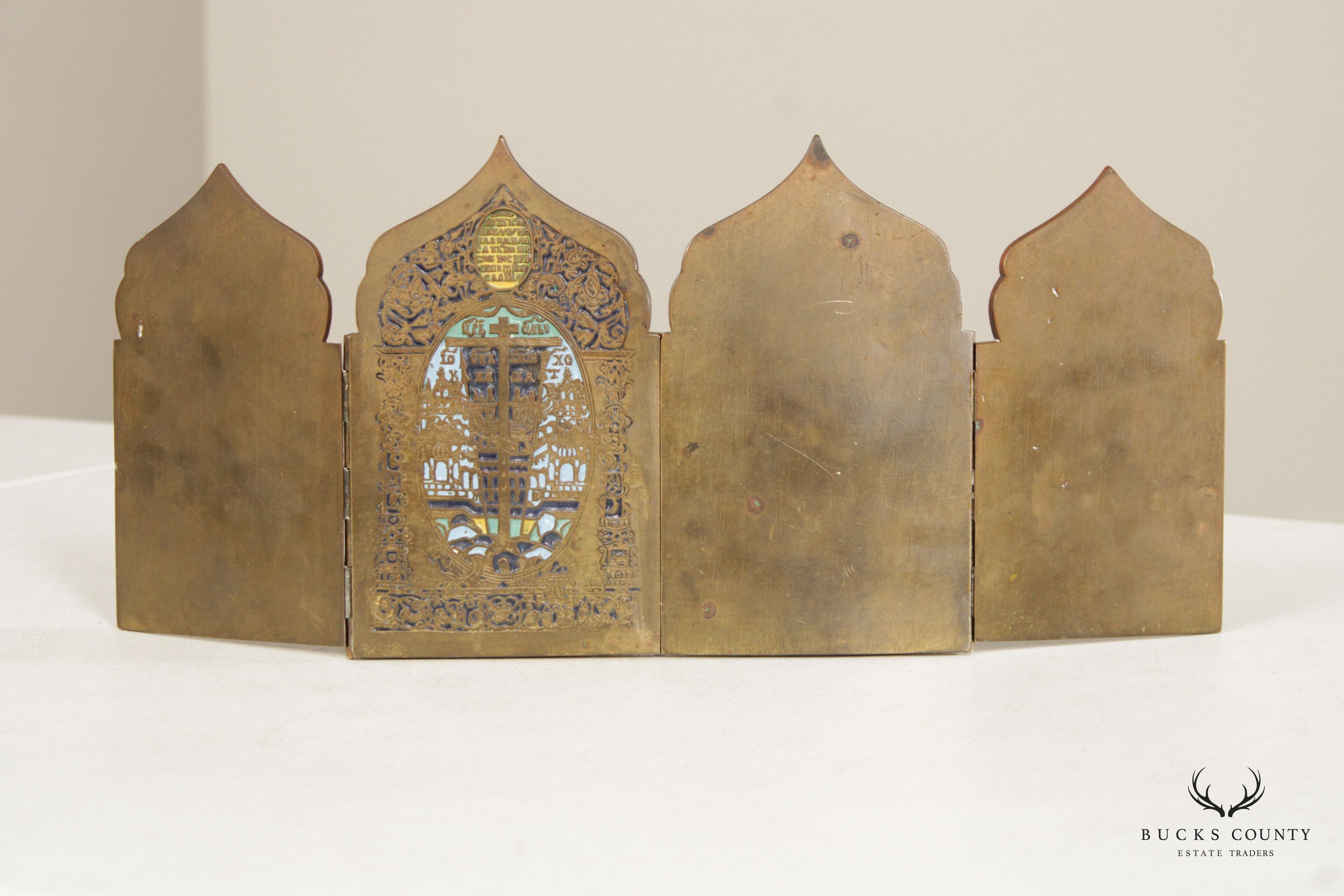 ANTIQUE RUSSIAN POLYPTYCH WITH ENAMEL TRAVEL ICON