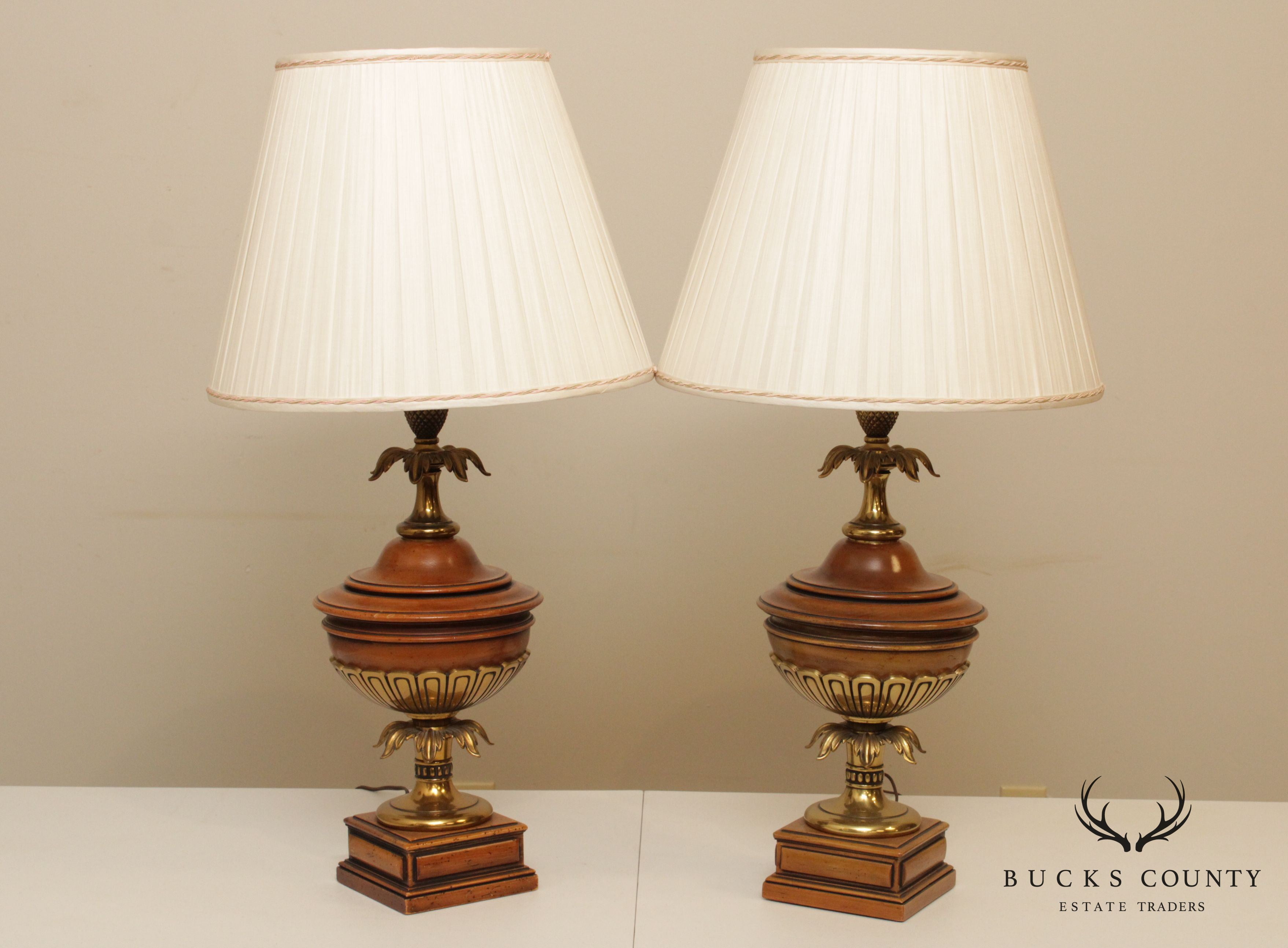 Stiffel Vintage Pair Wood & Brass Urn Form Table Lamps