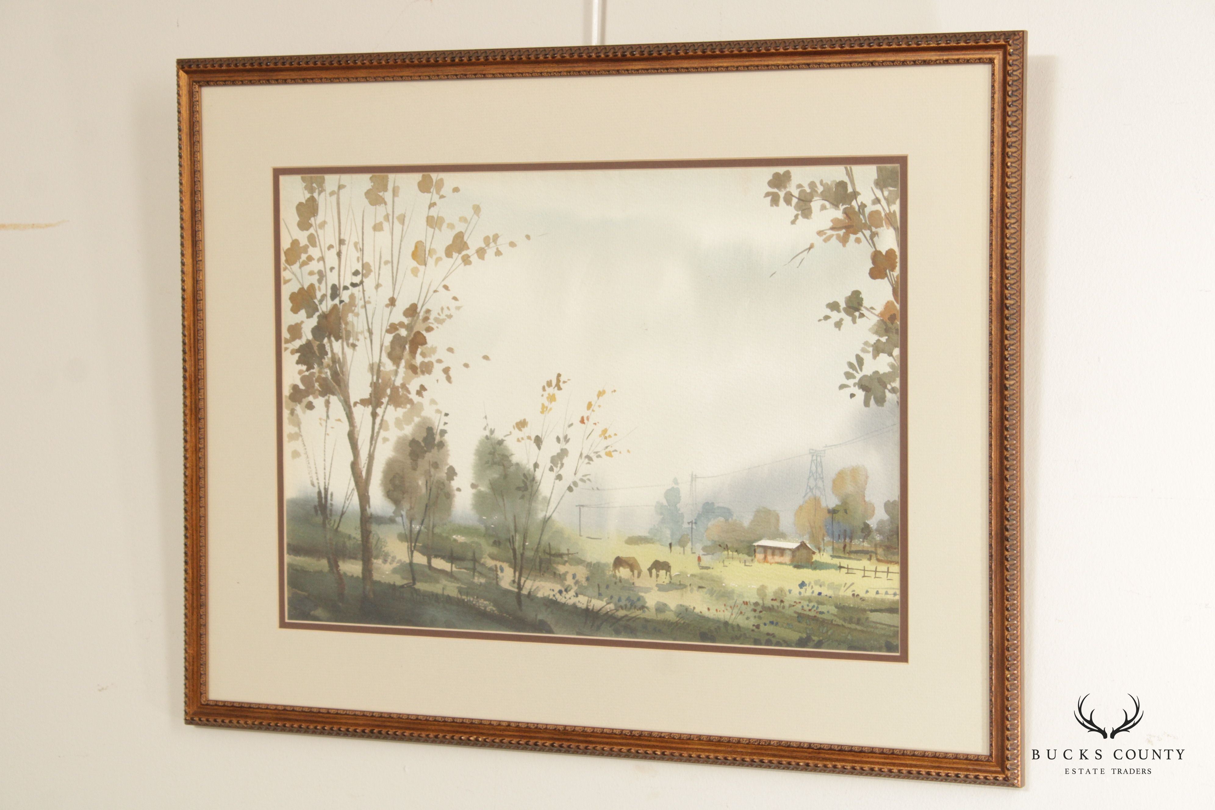 Pastoral Farm Landscape Watercolor Painting, Signed