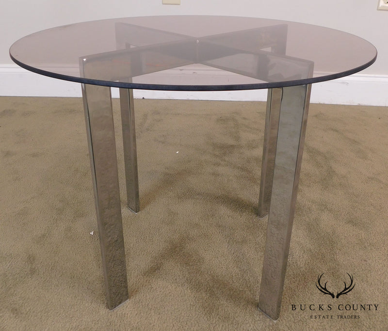 Milo Baughman Style Mid Century Pair Chrome Base Round Smoked Glass Side Tables