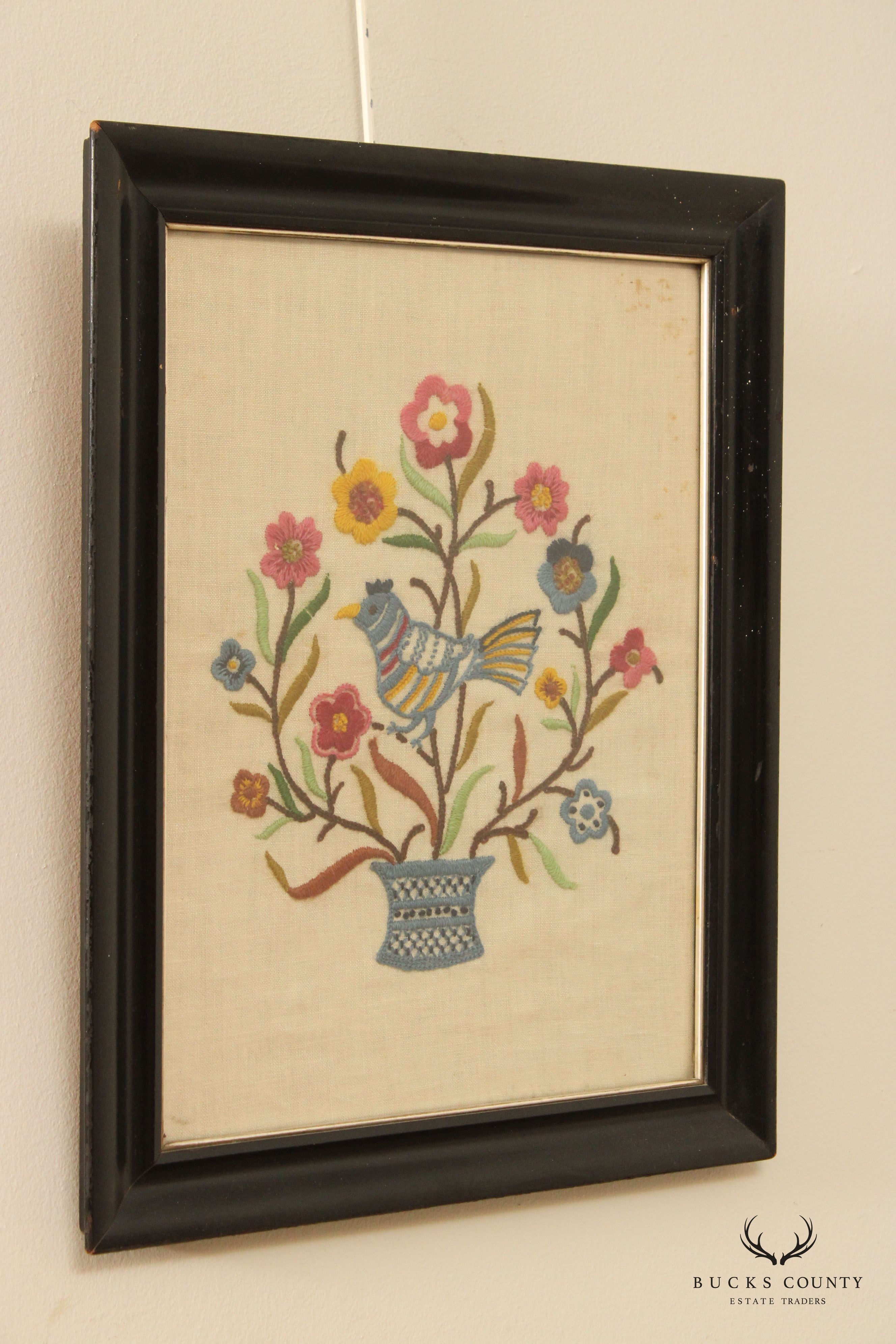 Vintage Crewel Embroidered Linen Textile, Custom Framed