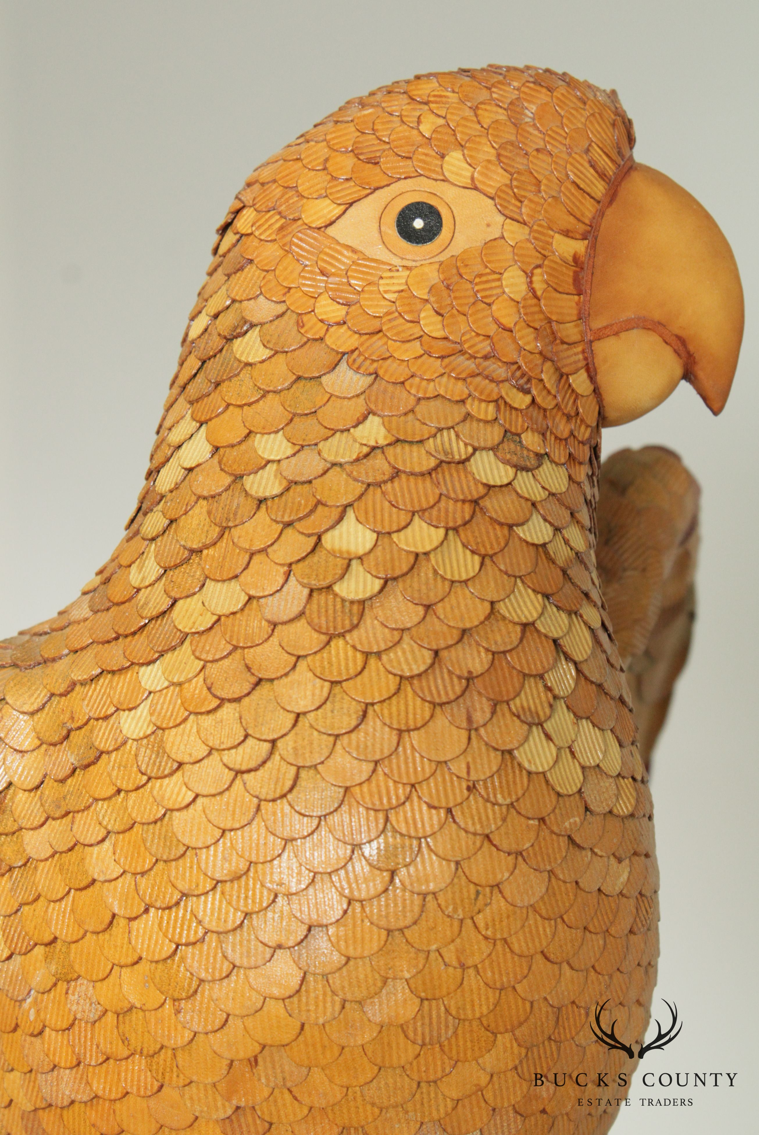 Chela's Vintage Hand Crafted Leather Parrot Sculpture, Brass Perch