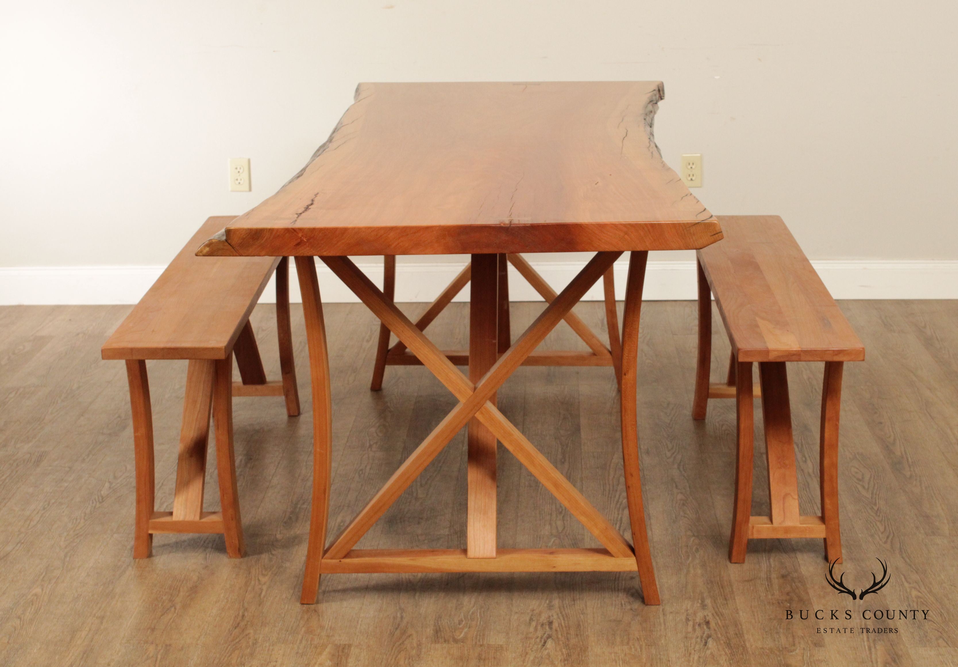 Hand Crafted Live Edge Cherry Farmhouse Dining Table with Benches