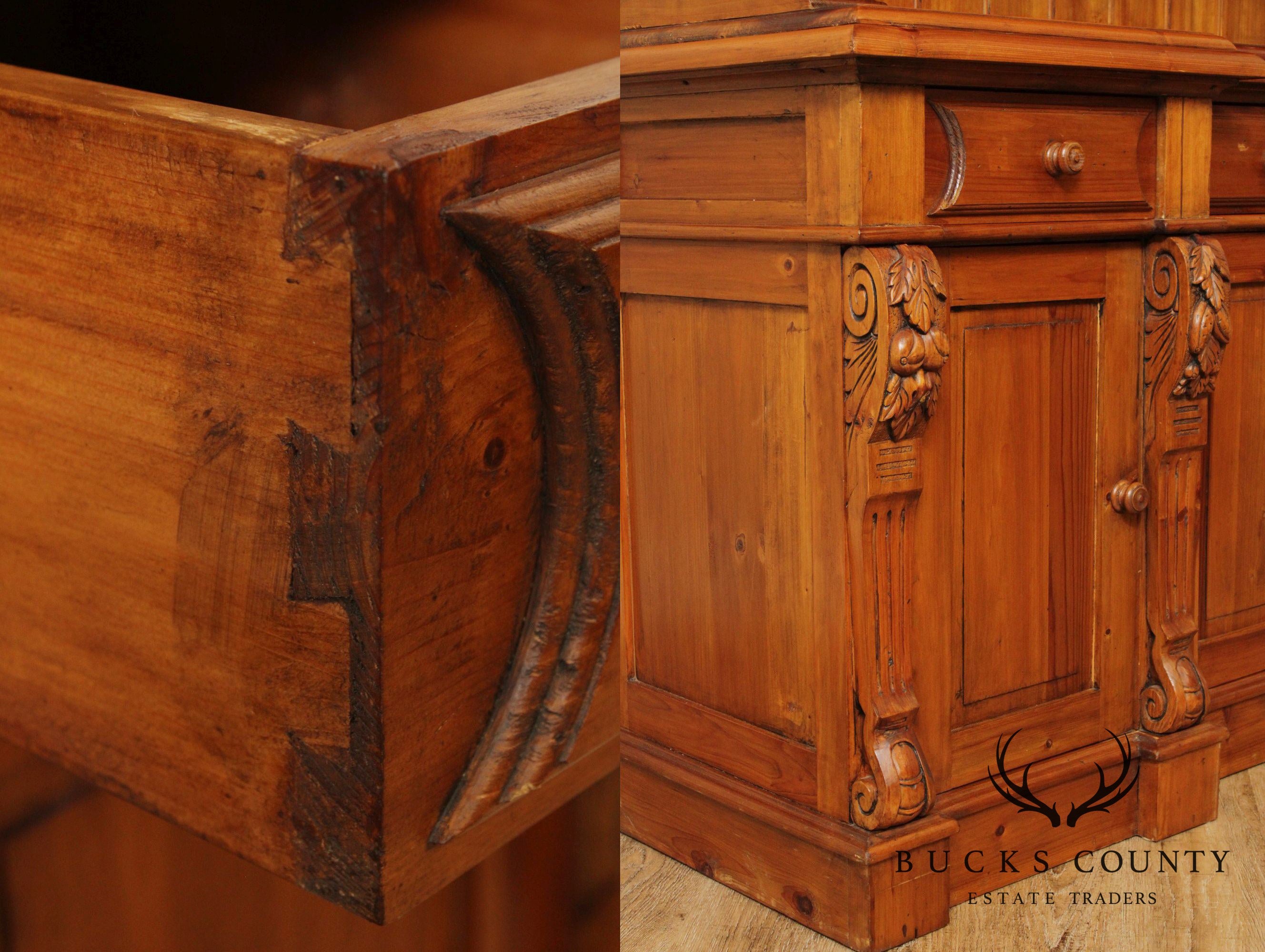 Large Custom Quality Carved Pine Step Back Hutch