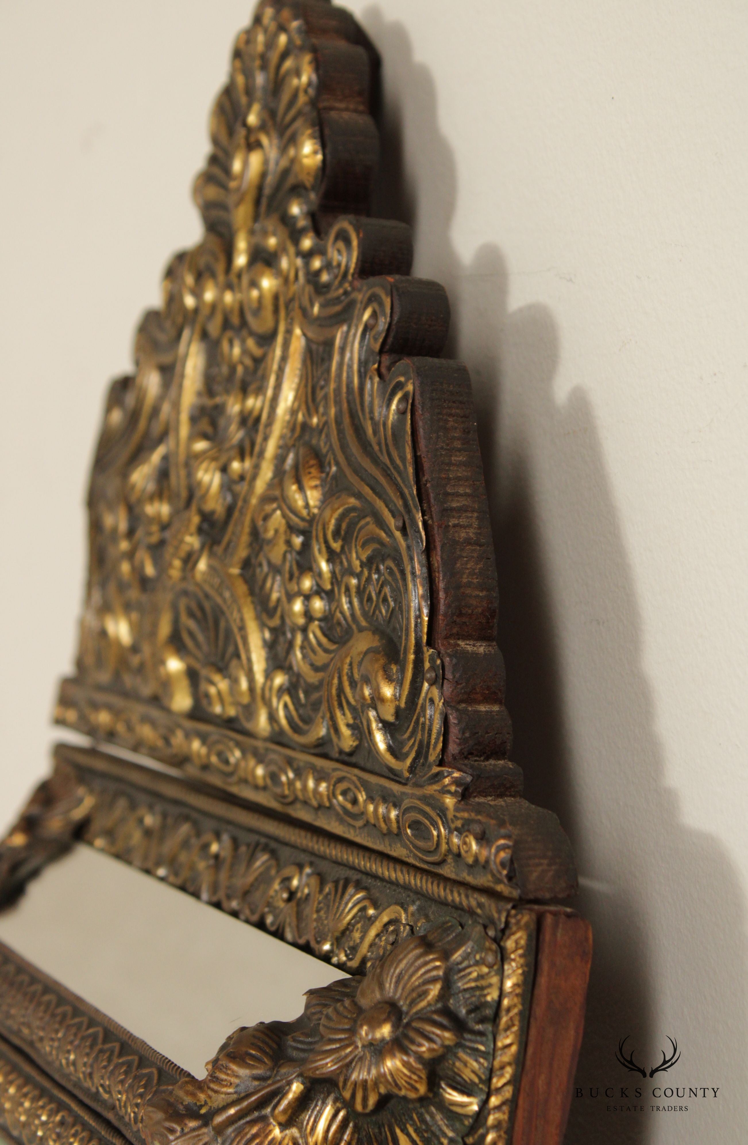Antique French Repousse Brass Wall Mirror Cabinet