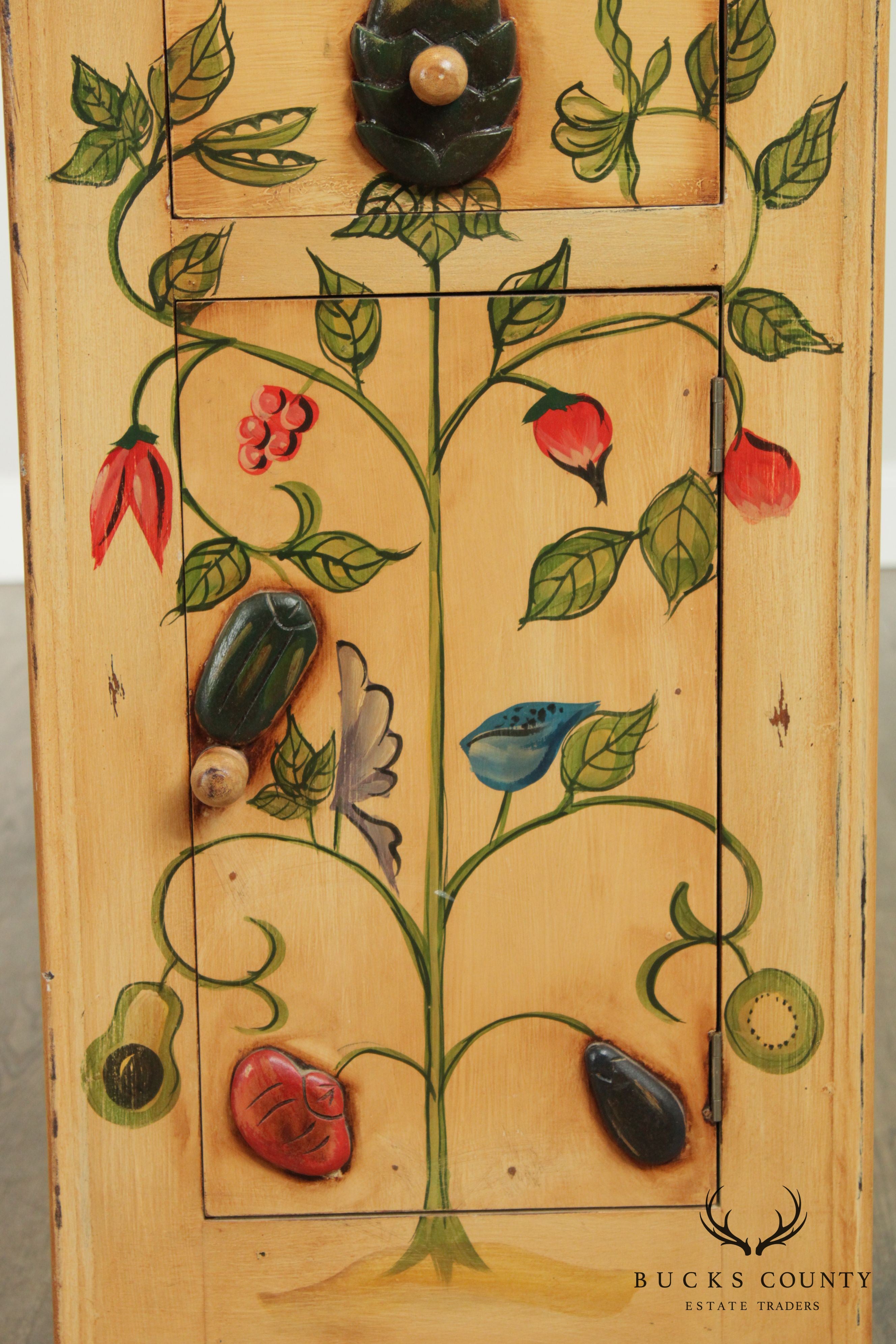 Country Folk Art Style Hand Painted Narrow Storage Cabinet