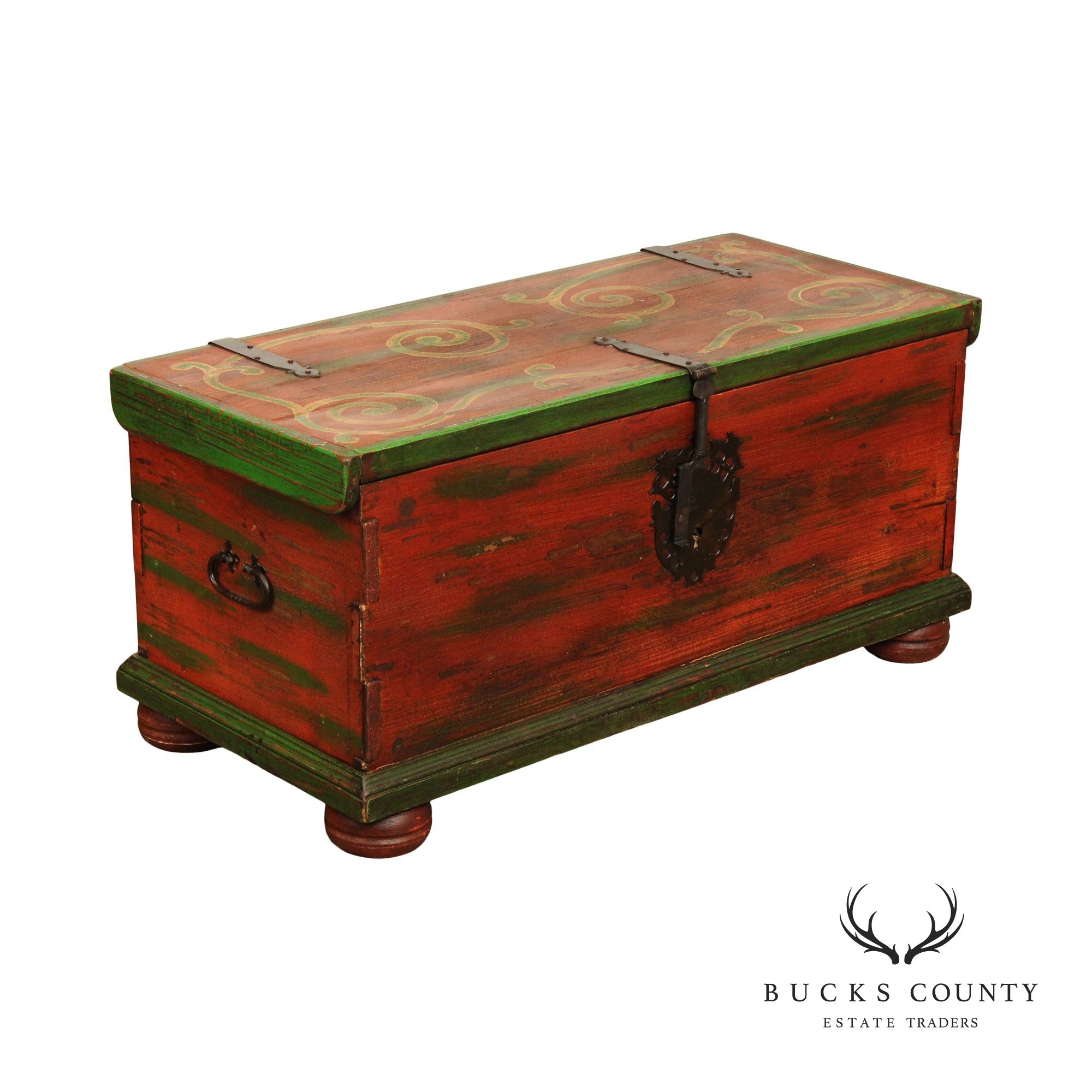 VINTAGE ORNATE HAND PAINTED BESPOKE TRUNK WTH IRON STRAP HINGES