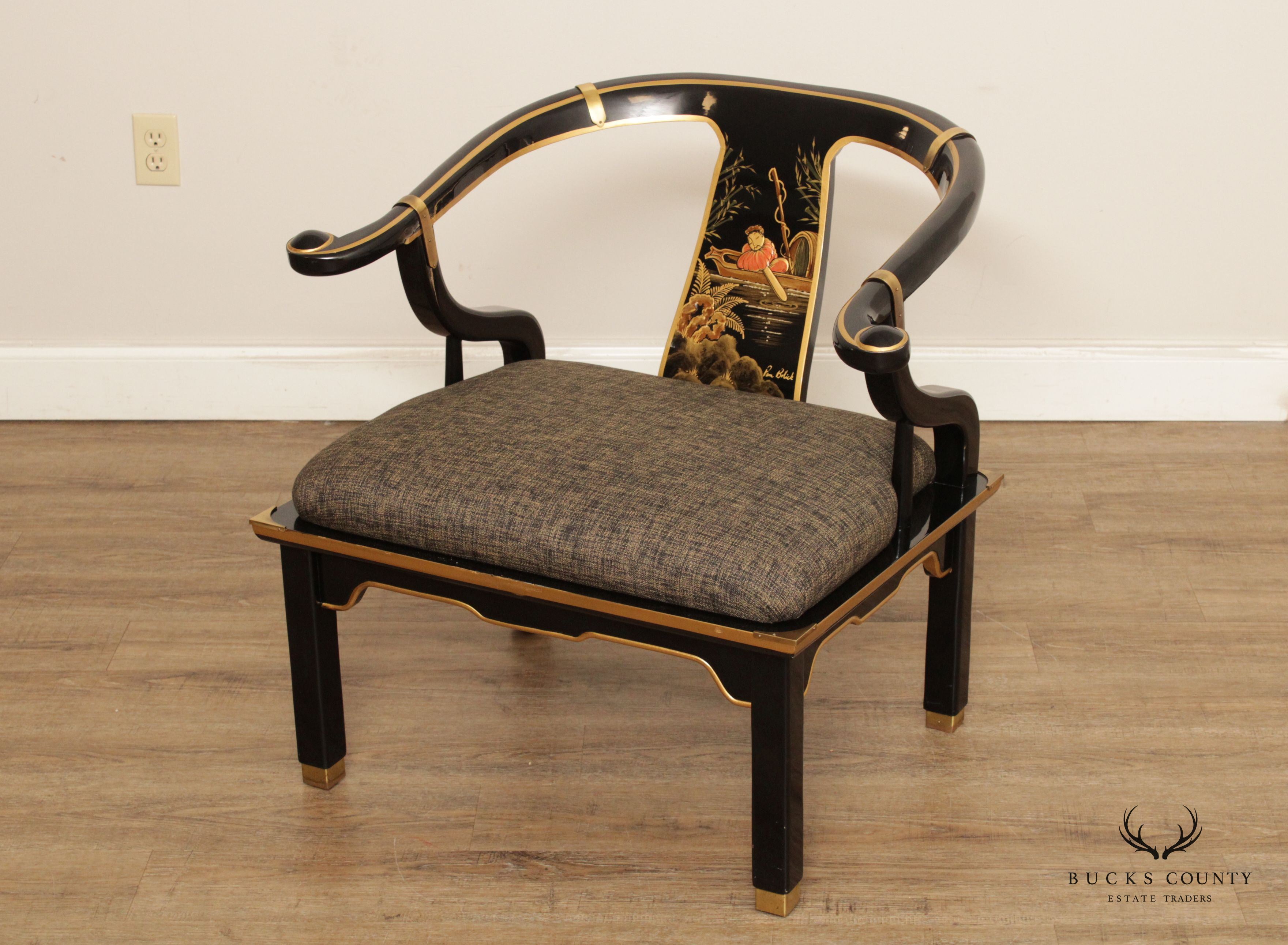Chinoiserie Decorated Black Lacquer Pair of Horseshoe Armchairs