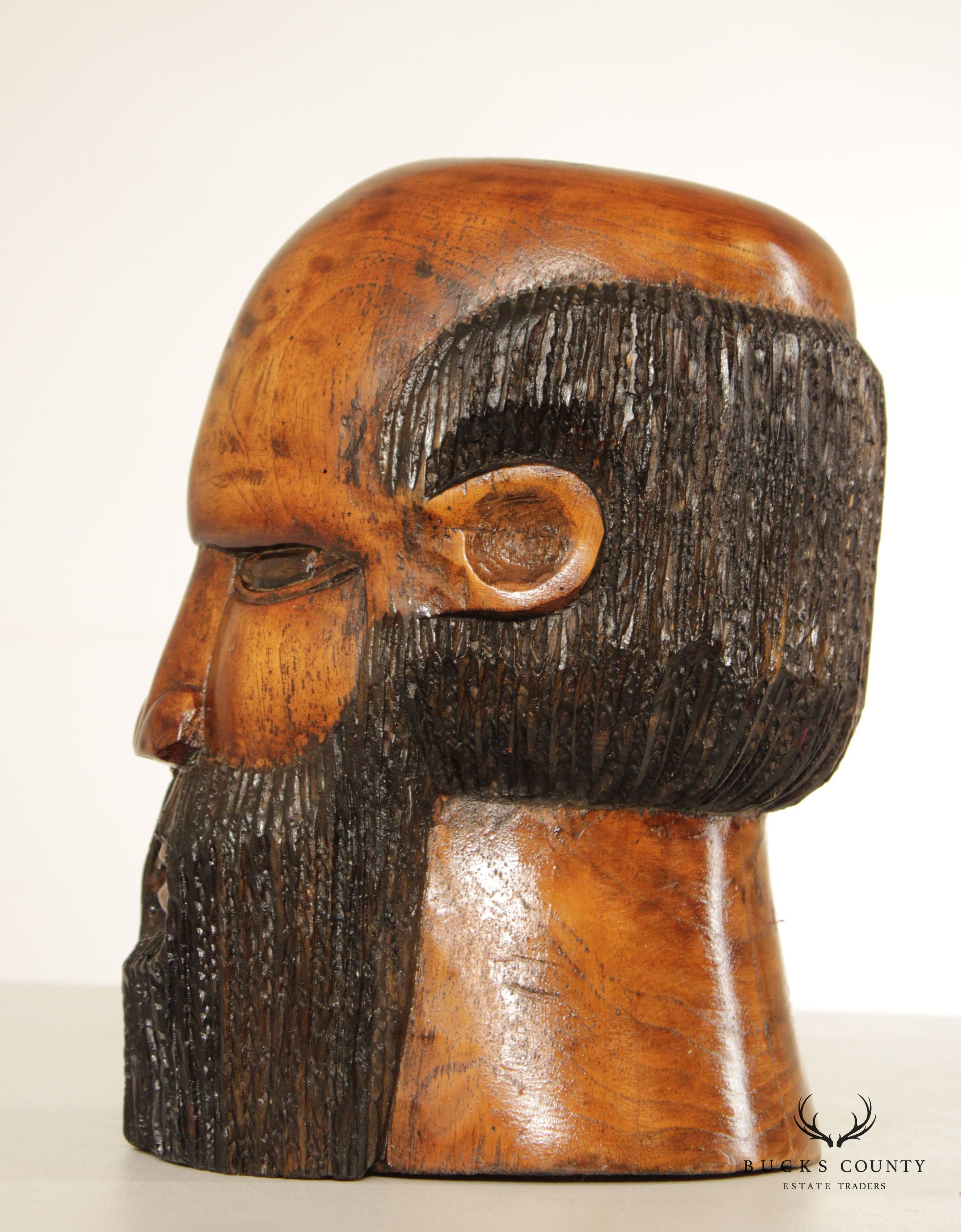 Folk Art Vintage Carved Wood Bust of Bearded Man