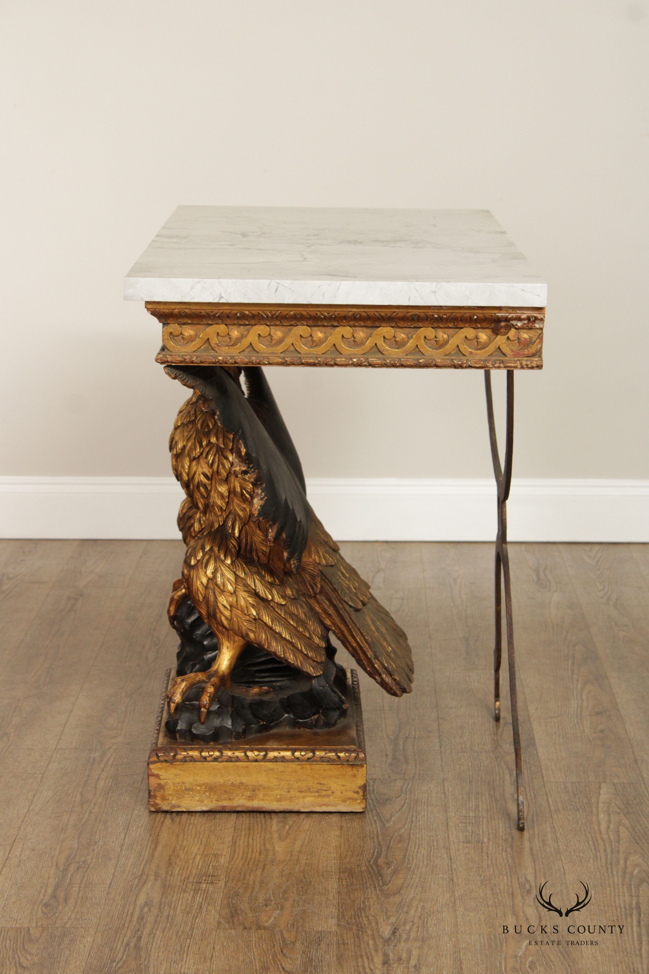Regency George II Style Pair Giltwood Carved Eagle Marble Top Consoles