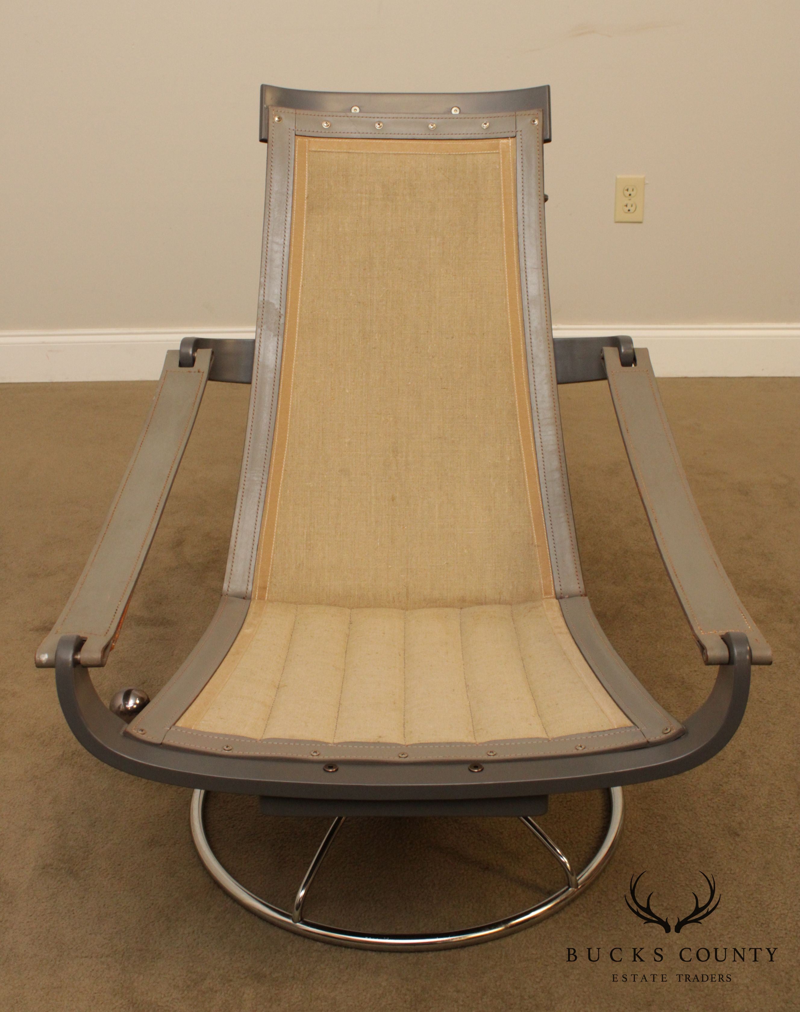 Mid Century Modern Grey Leather Chrome Base Swivel Lounge Chair