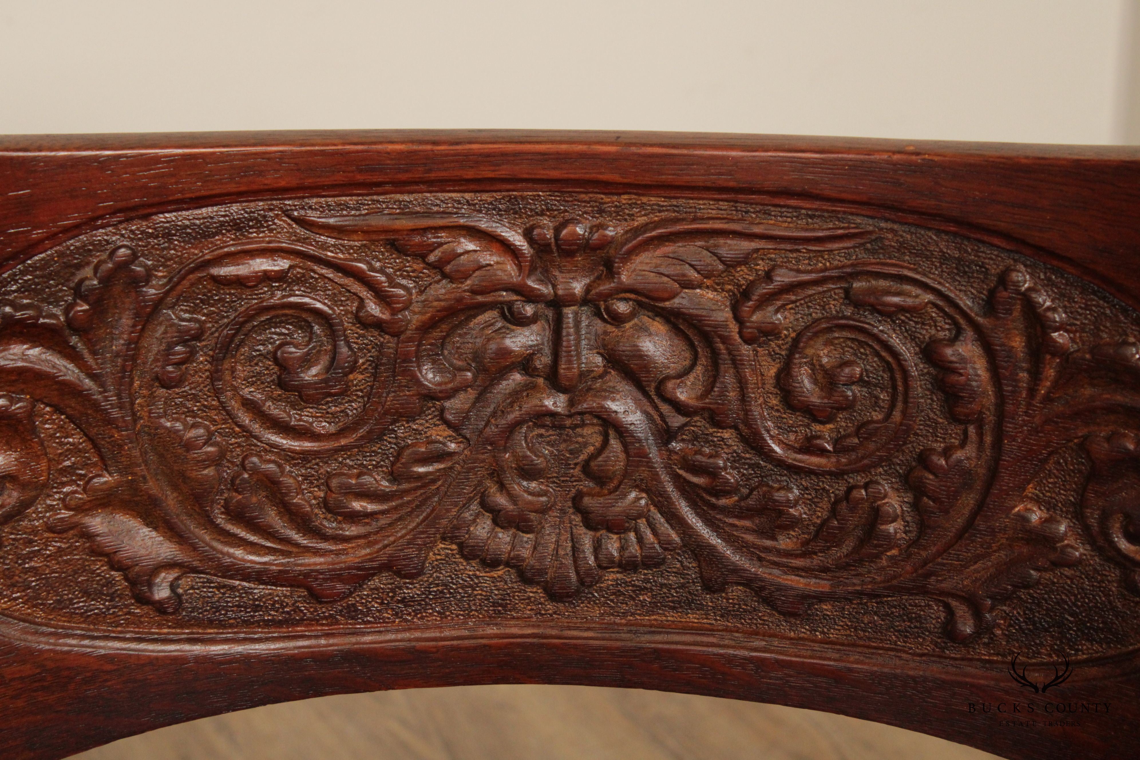 Antique Renaissance Revival Oak Carved Savonarola Armchair