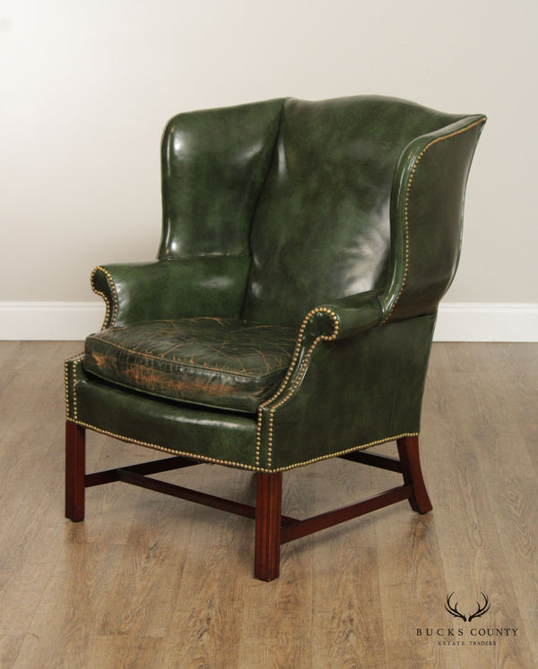 Heritage Chippendale Style Vintage Green Leather Wing Back Chair