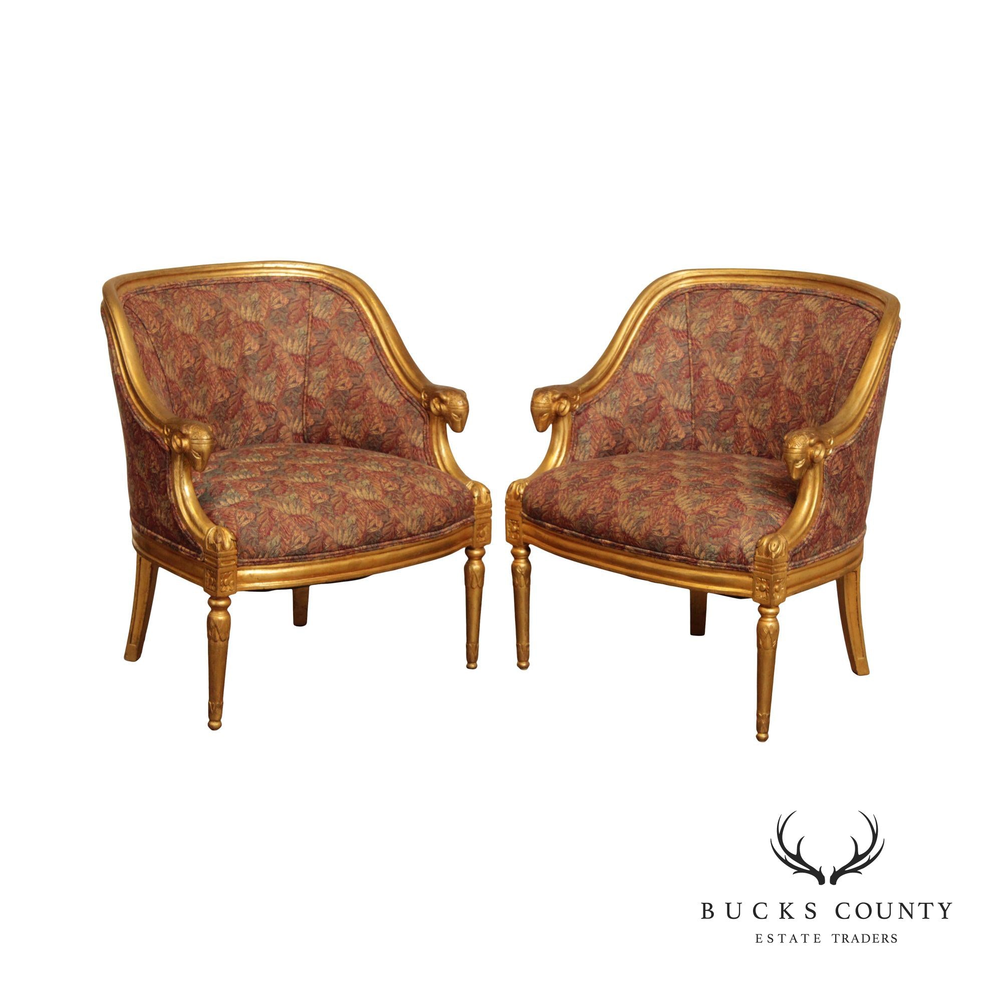 French Empire Style Gilt Rams Head Pair Barrel Club Chairs