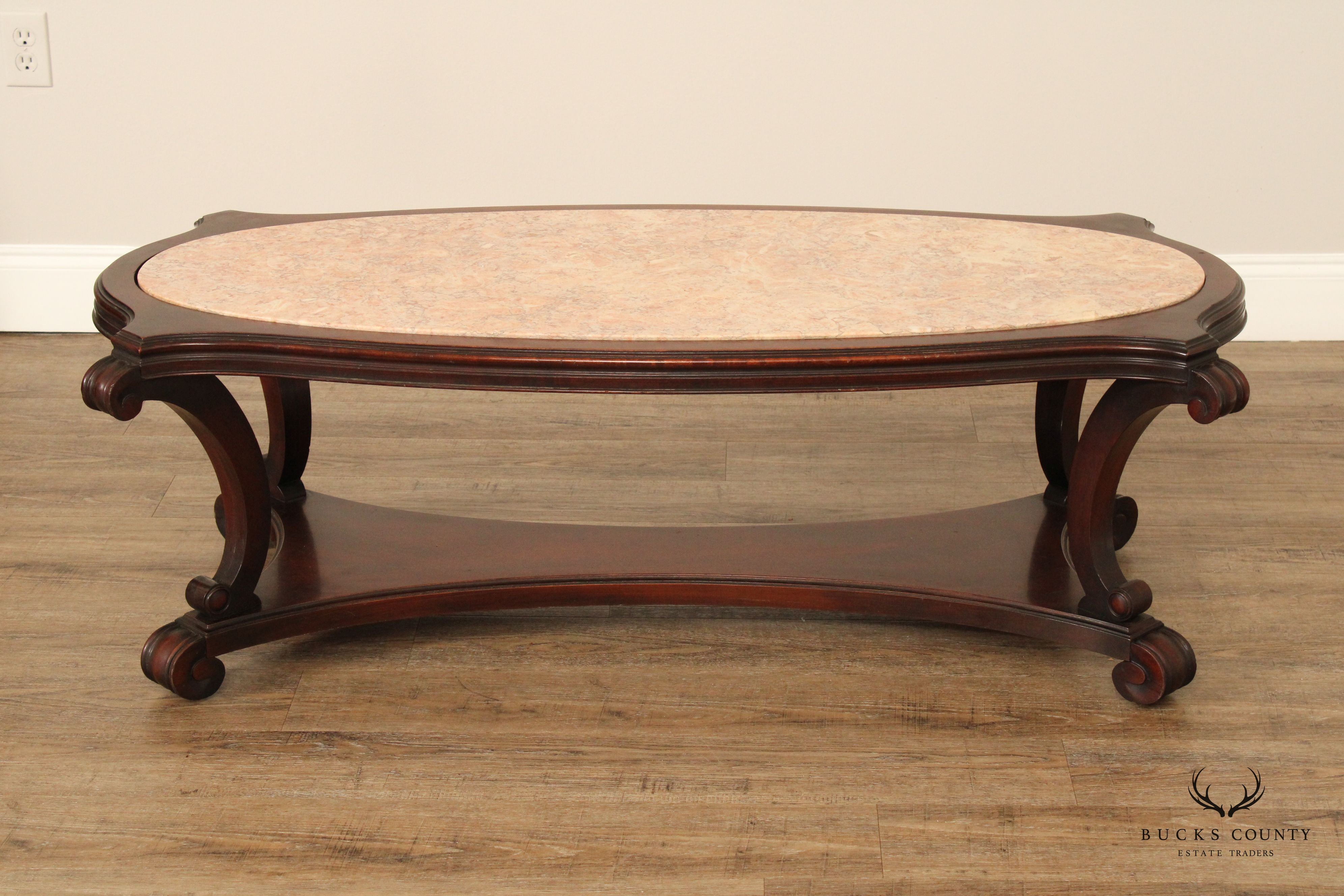 French Empire Style Vintage Marble Top Mahogany Coffee Table