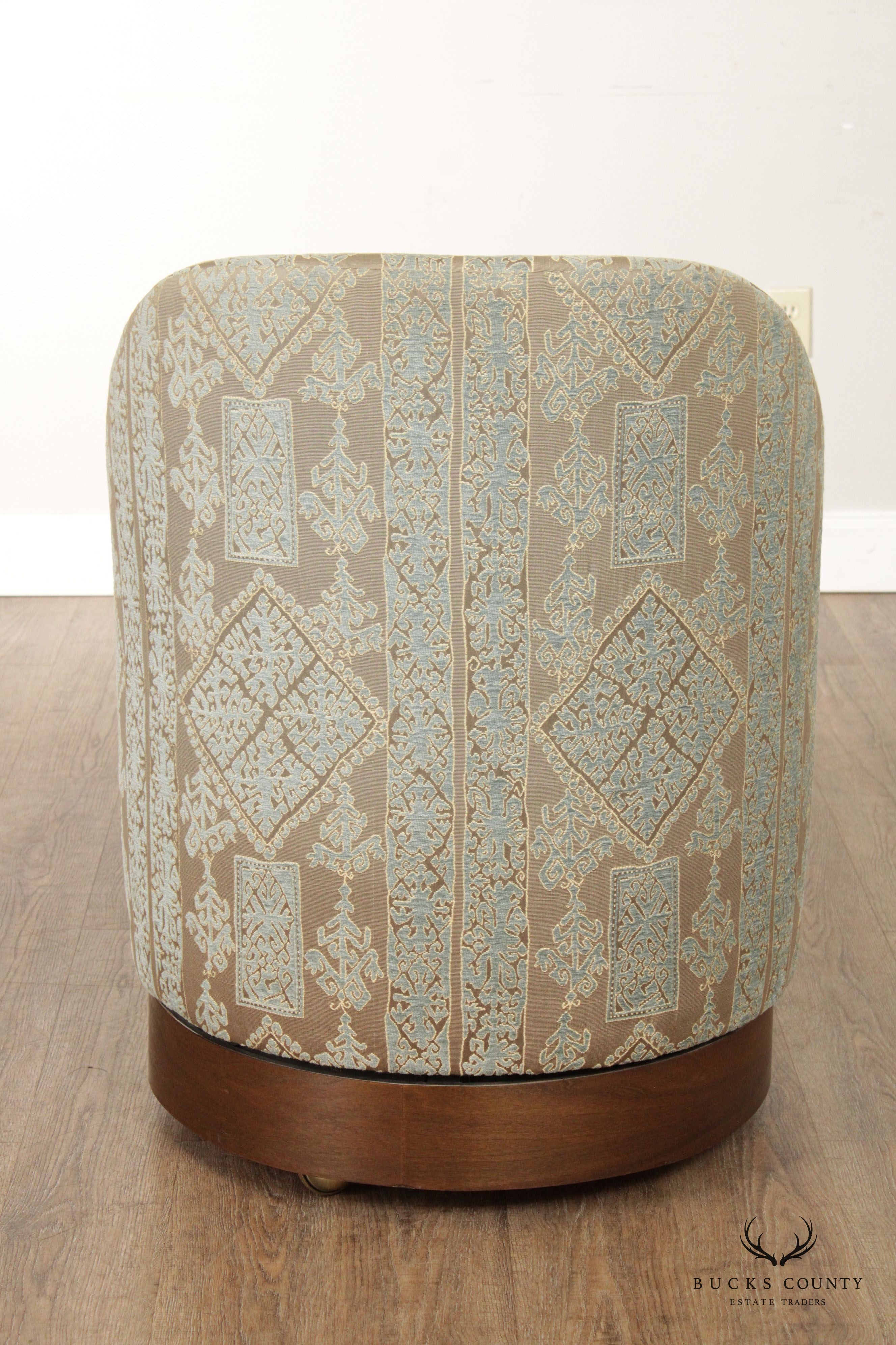 Contemporary Pair Custom Upholstered Swivel Club Chairs