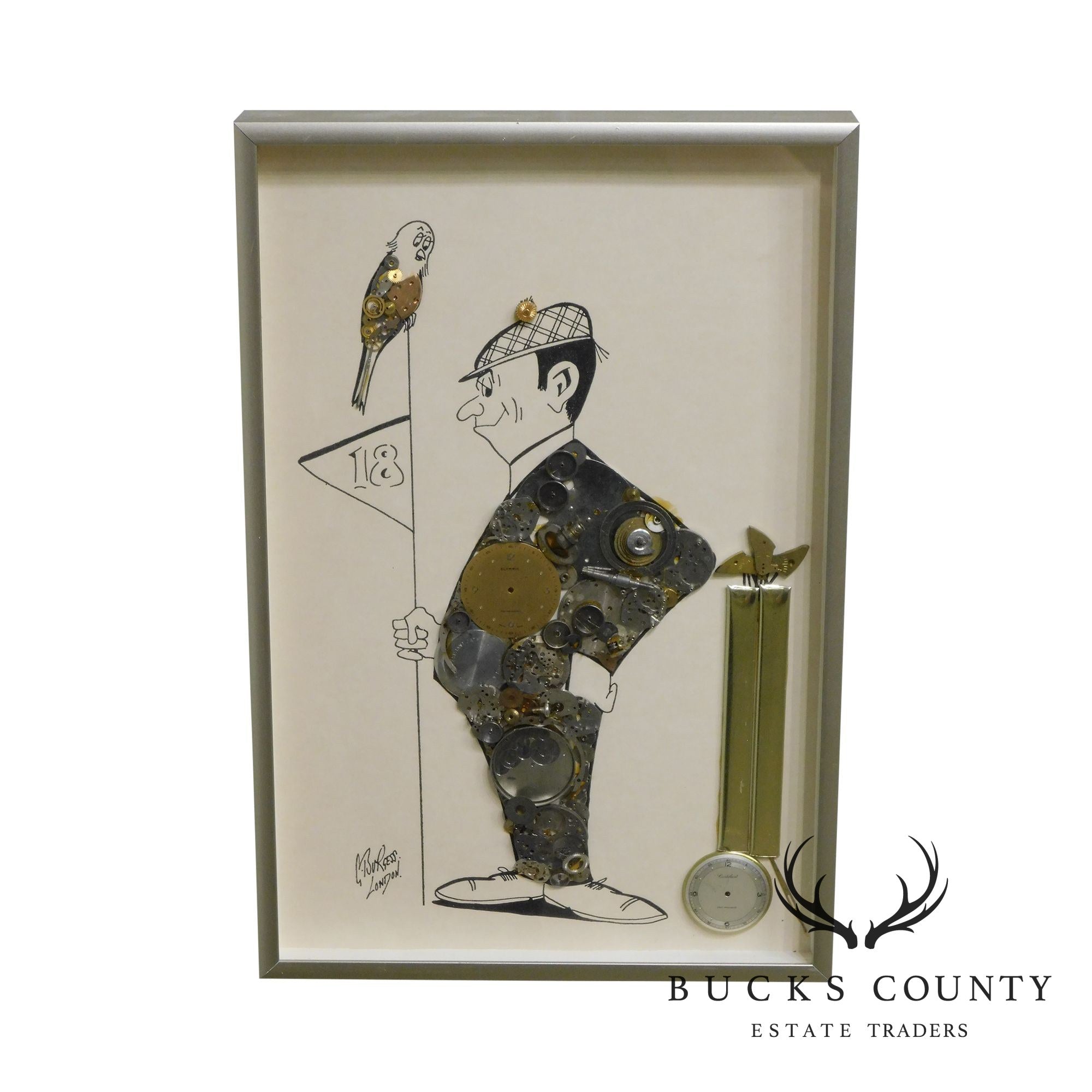 Framed Horological Collage Signed G. Burgess, London. Golfer at 18th Hole with Birdie
