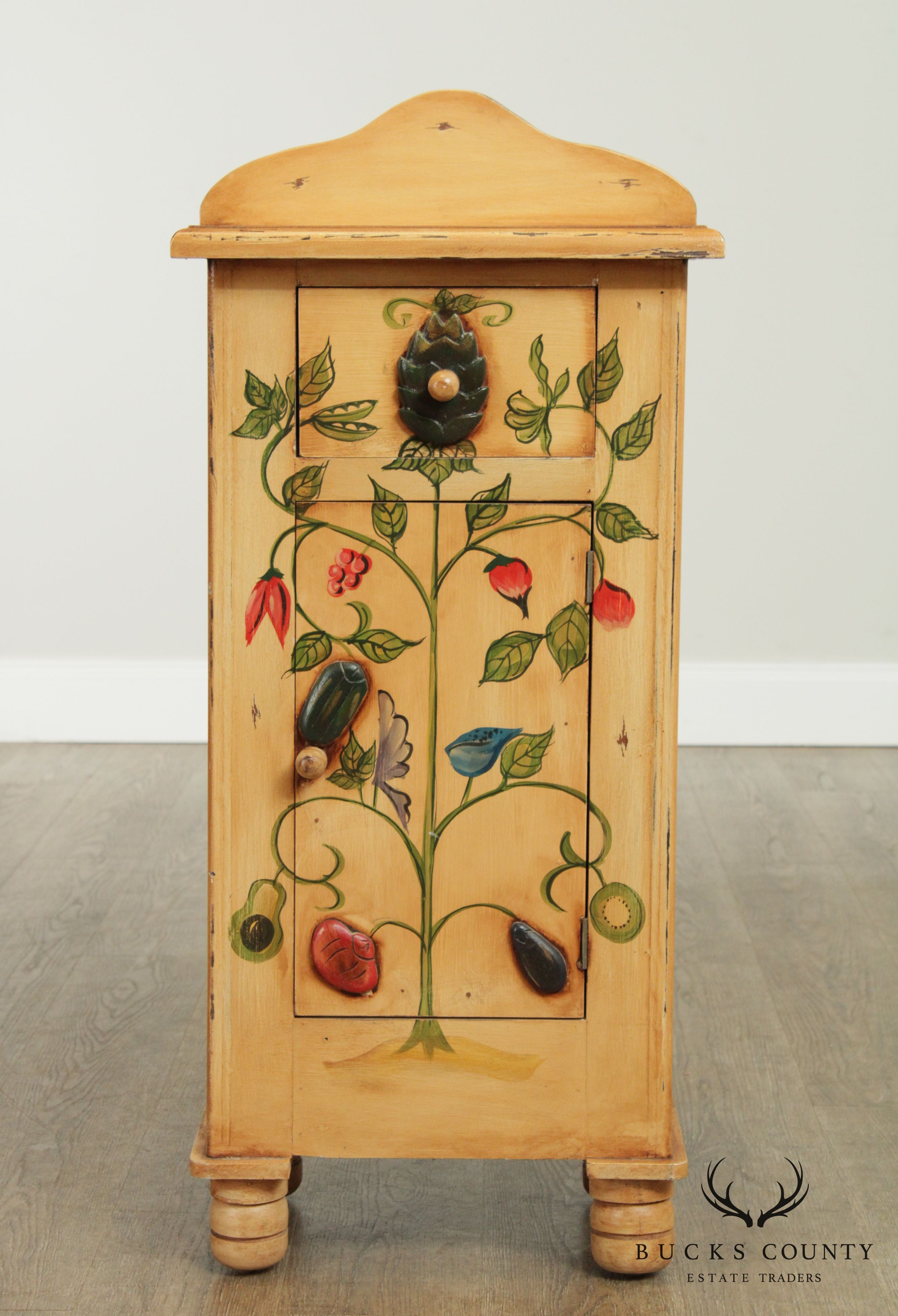 Country Folk Art Style Hand Painted Narrow Storage Cabinet
