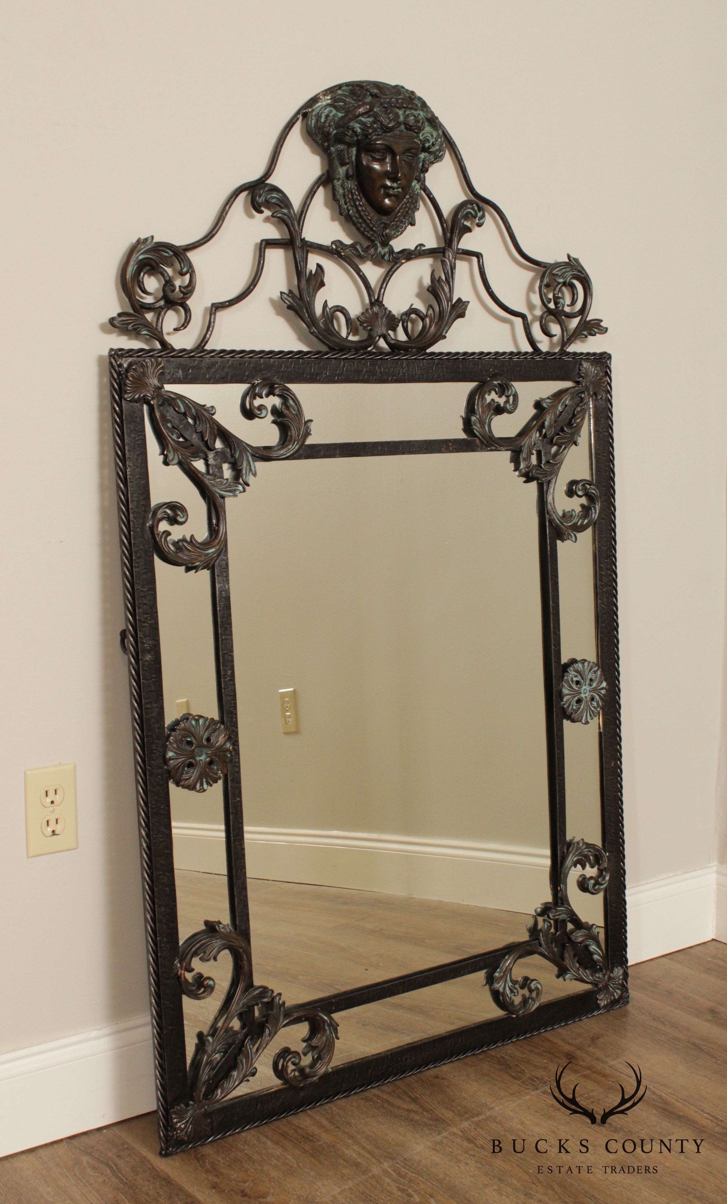 Maitland Smith Louis XIV Style Wrought Iron and Bronze Marble Top Console with Mirror