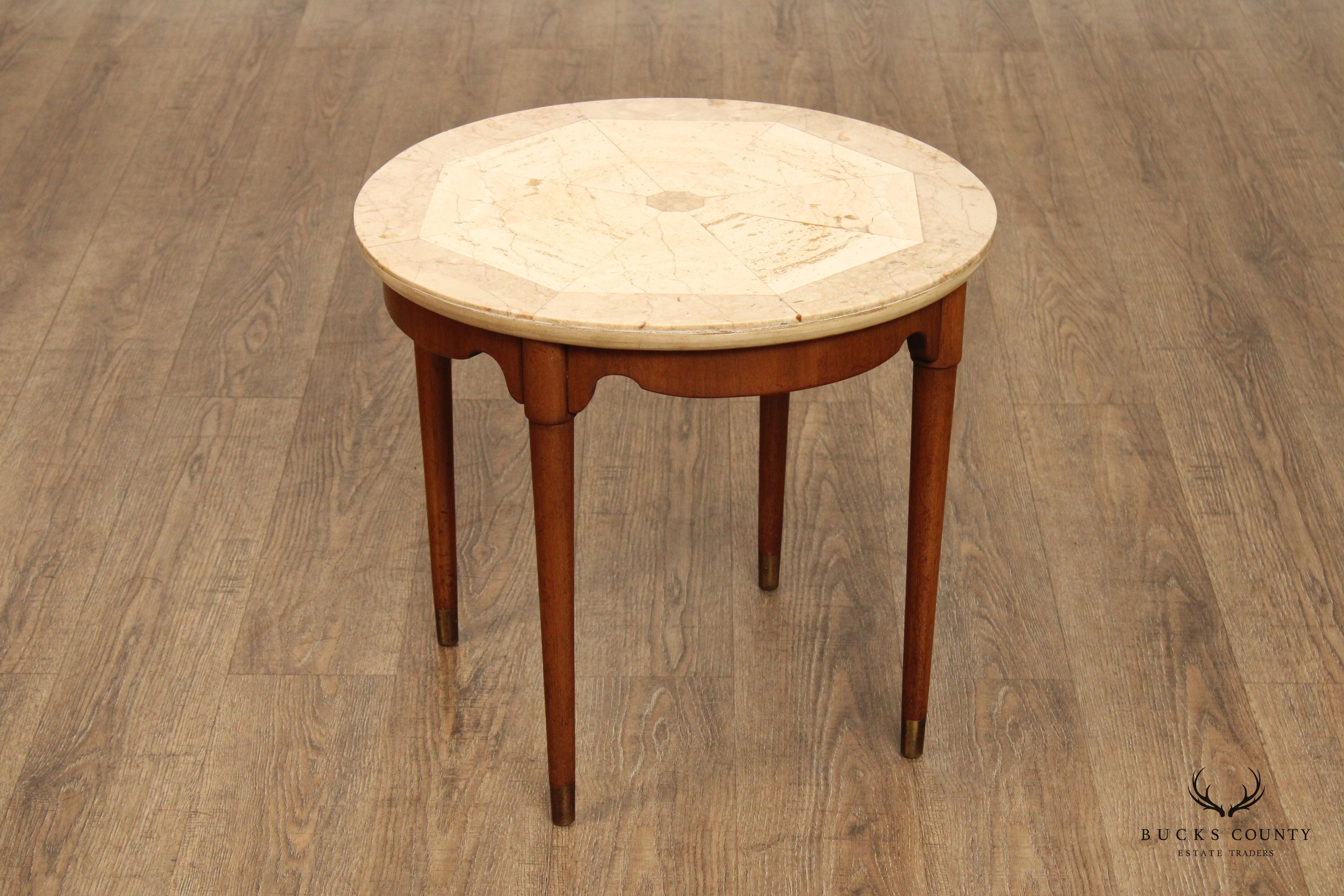 Italian Mid Century Round Travertine Top Walnut Side Table