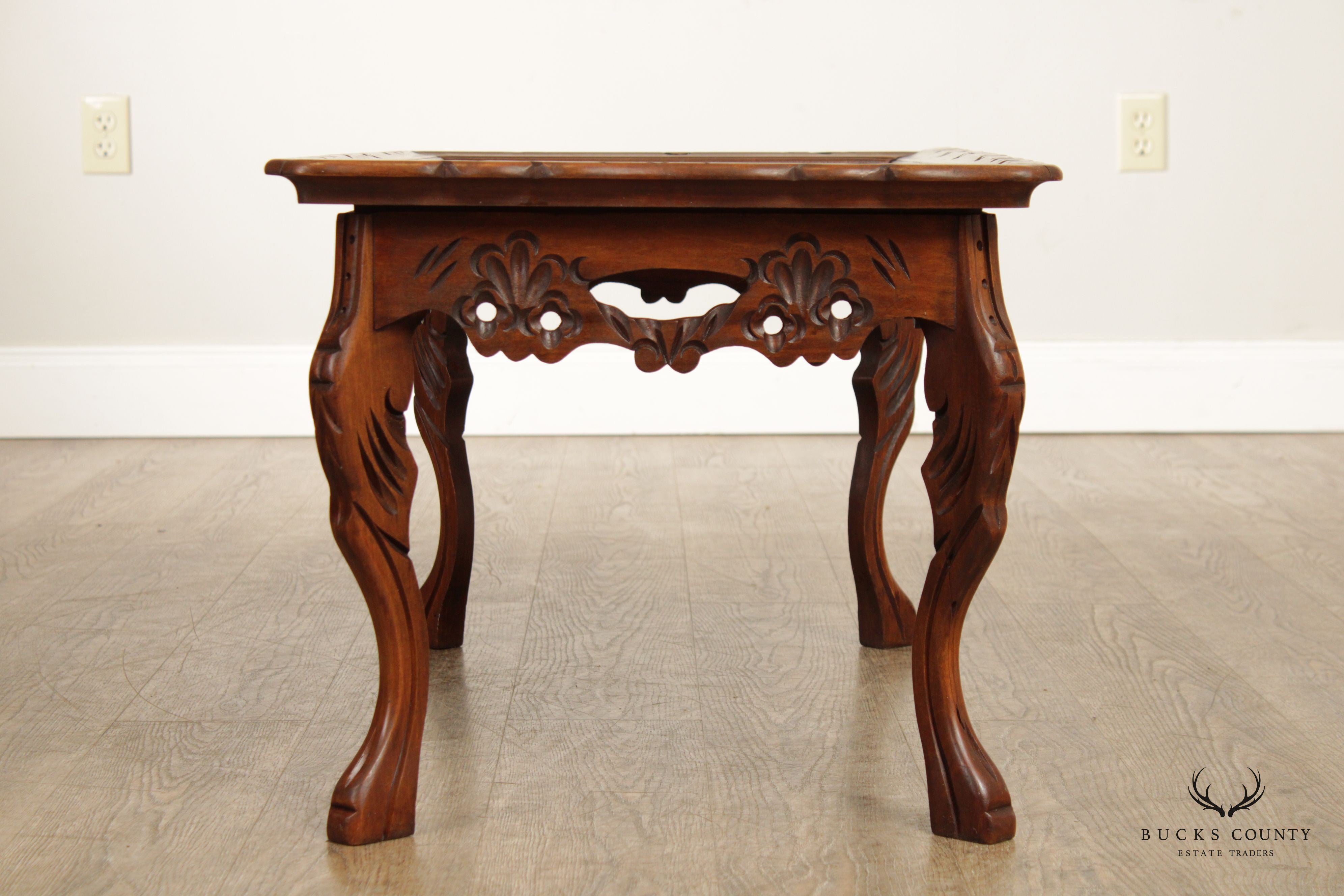 French Style Vintage Glass Top Carved Walnut Coffee Tray Table