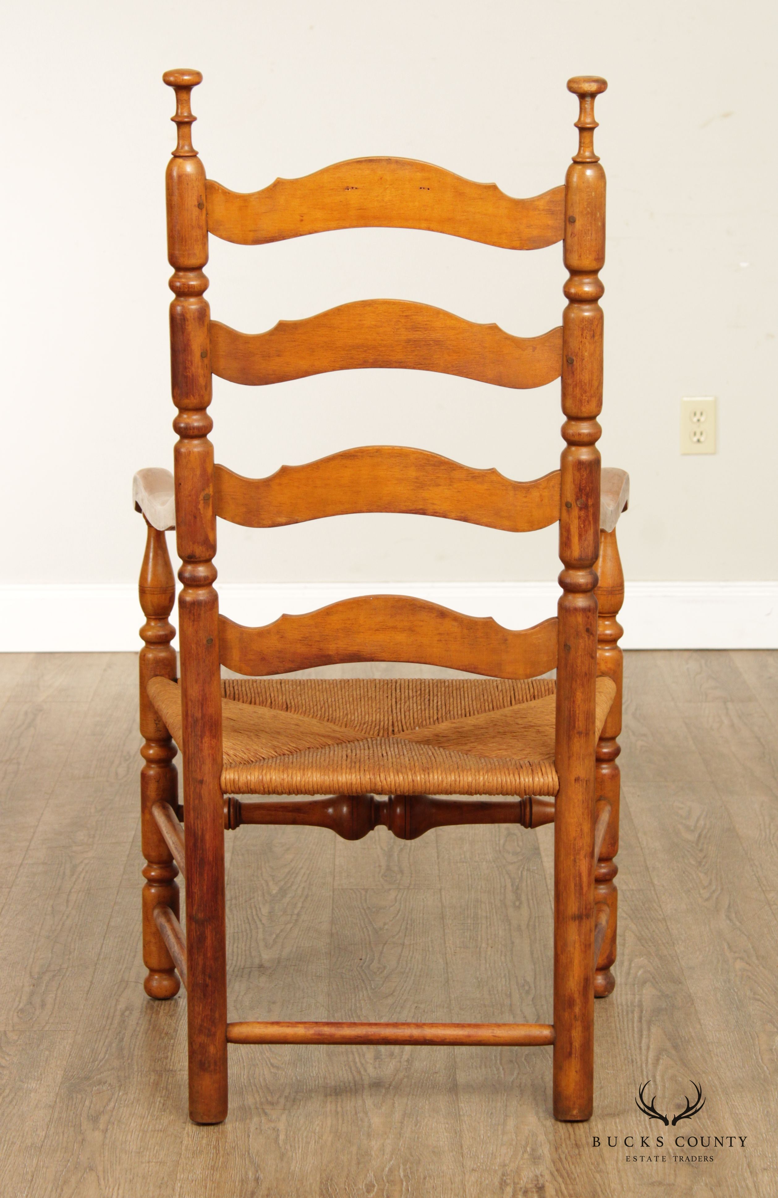 Antique Set of Four Delaware Valley Ladderback Rush Seat Armchairs