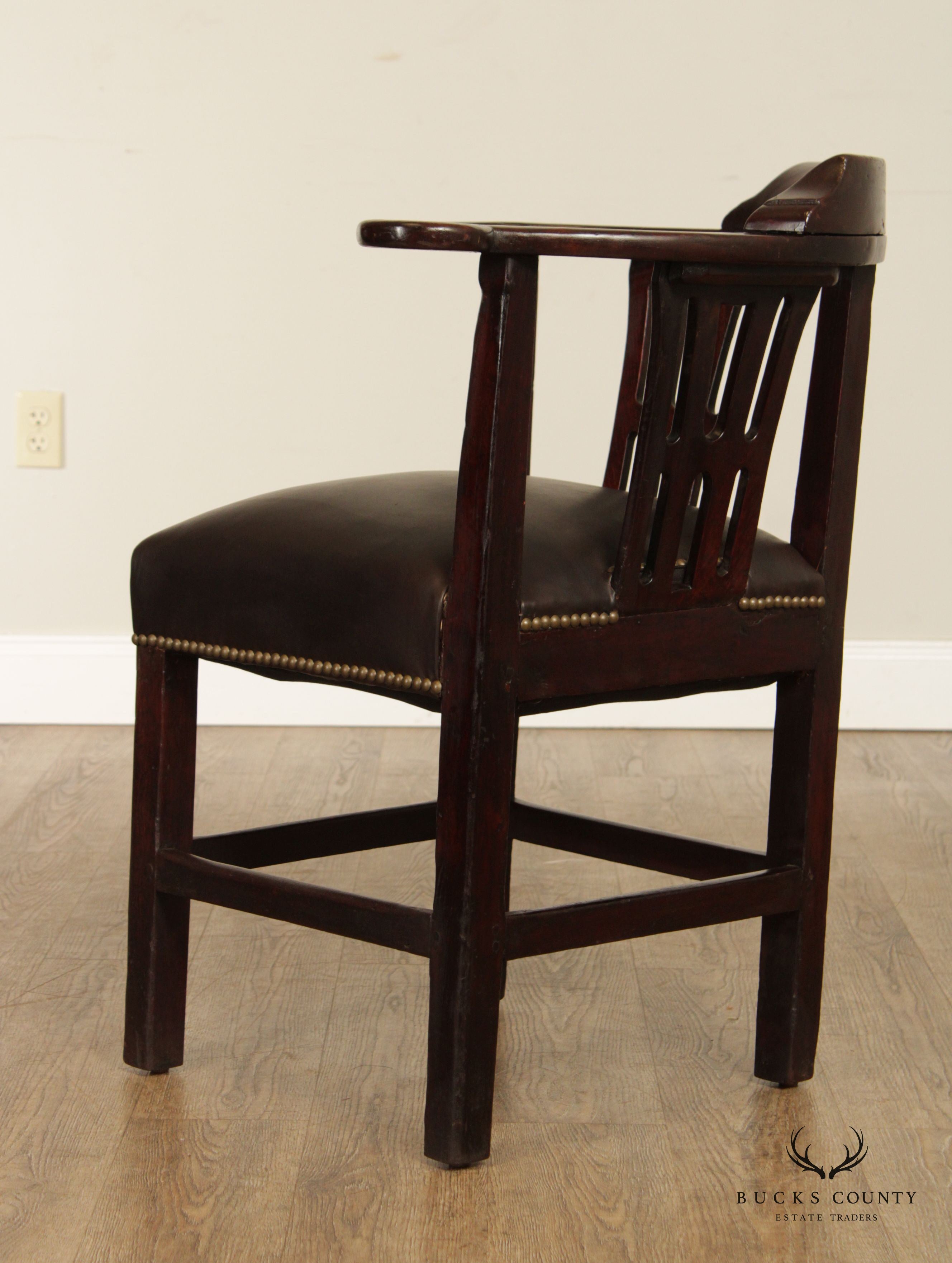 Antique 18th Century English Chippendale Style Pair of Mahogany and Leather Corner Chairs