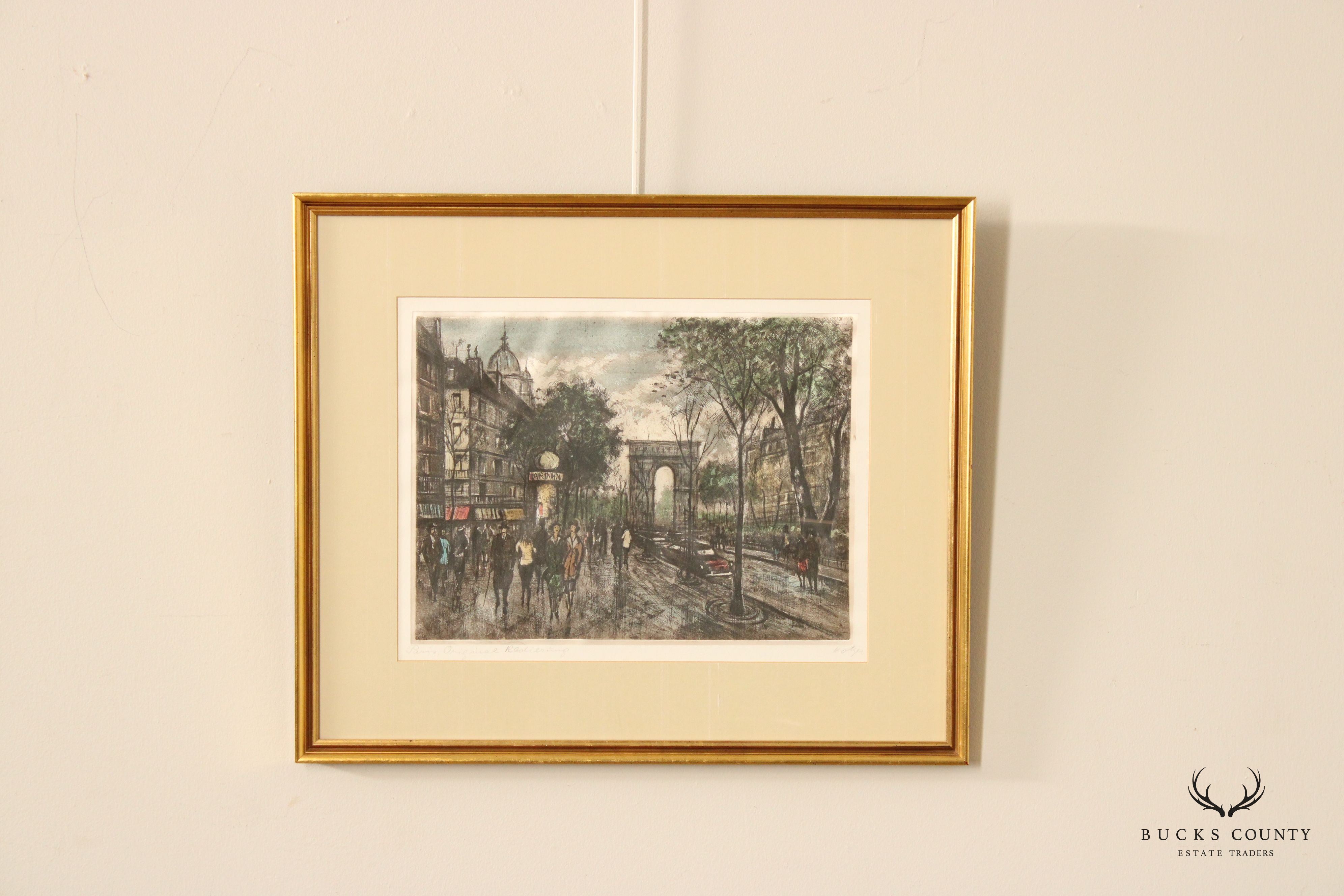 Vintage 20th C. 'Paris' Street Scene Colored Etching, Custom Framed
