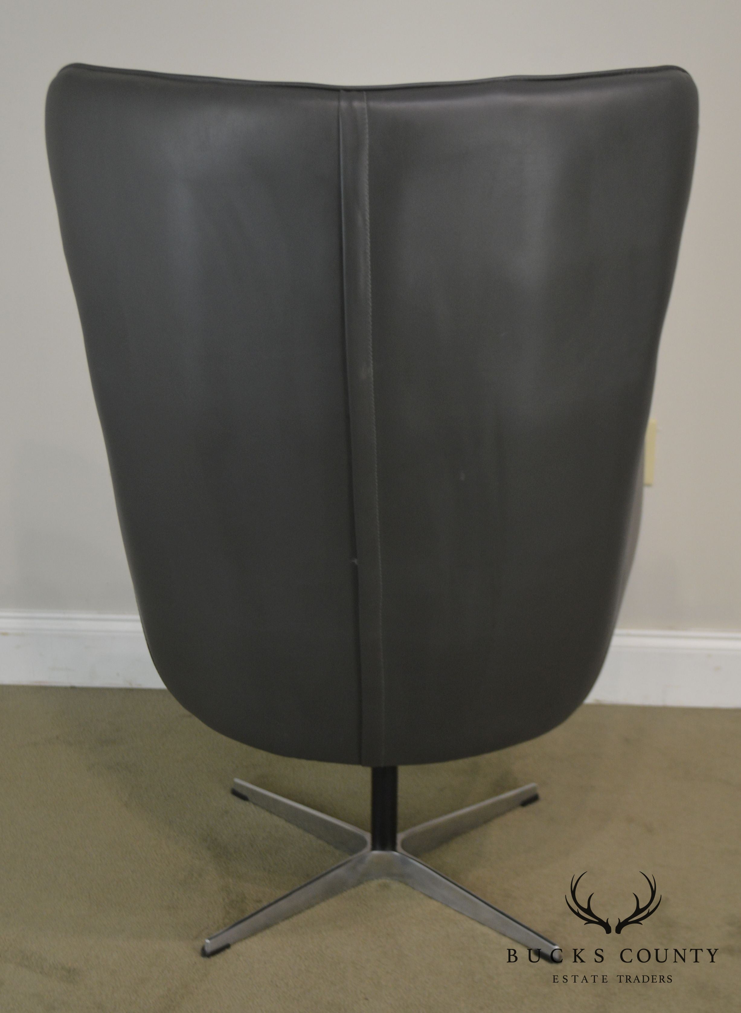 Mid Century Modern Style Grey Faux Leather Swivel Chrome Base Chair