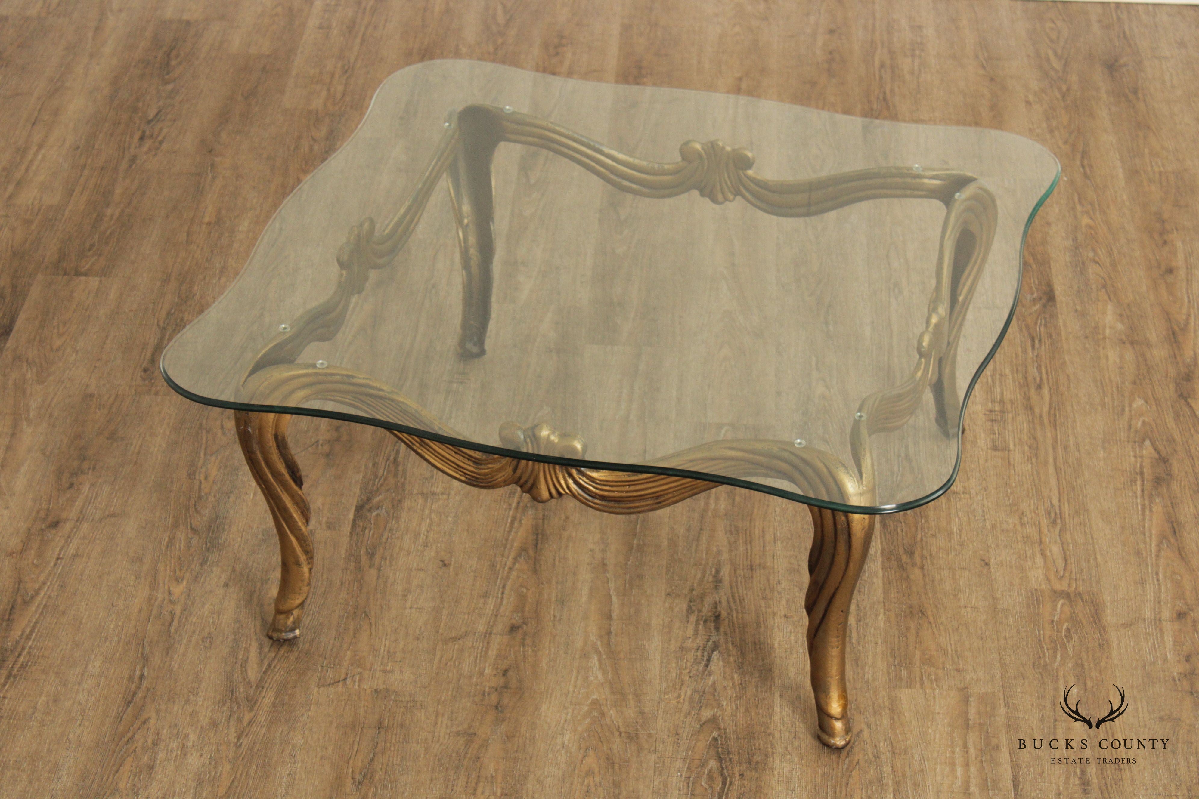 Hollywood Regency Vintage Gilt Metal and Glass Coffee Table