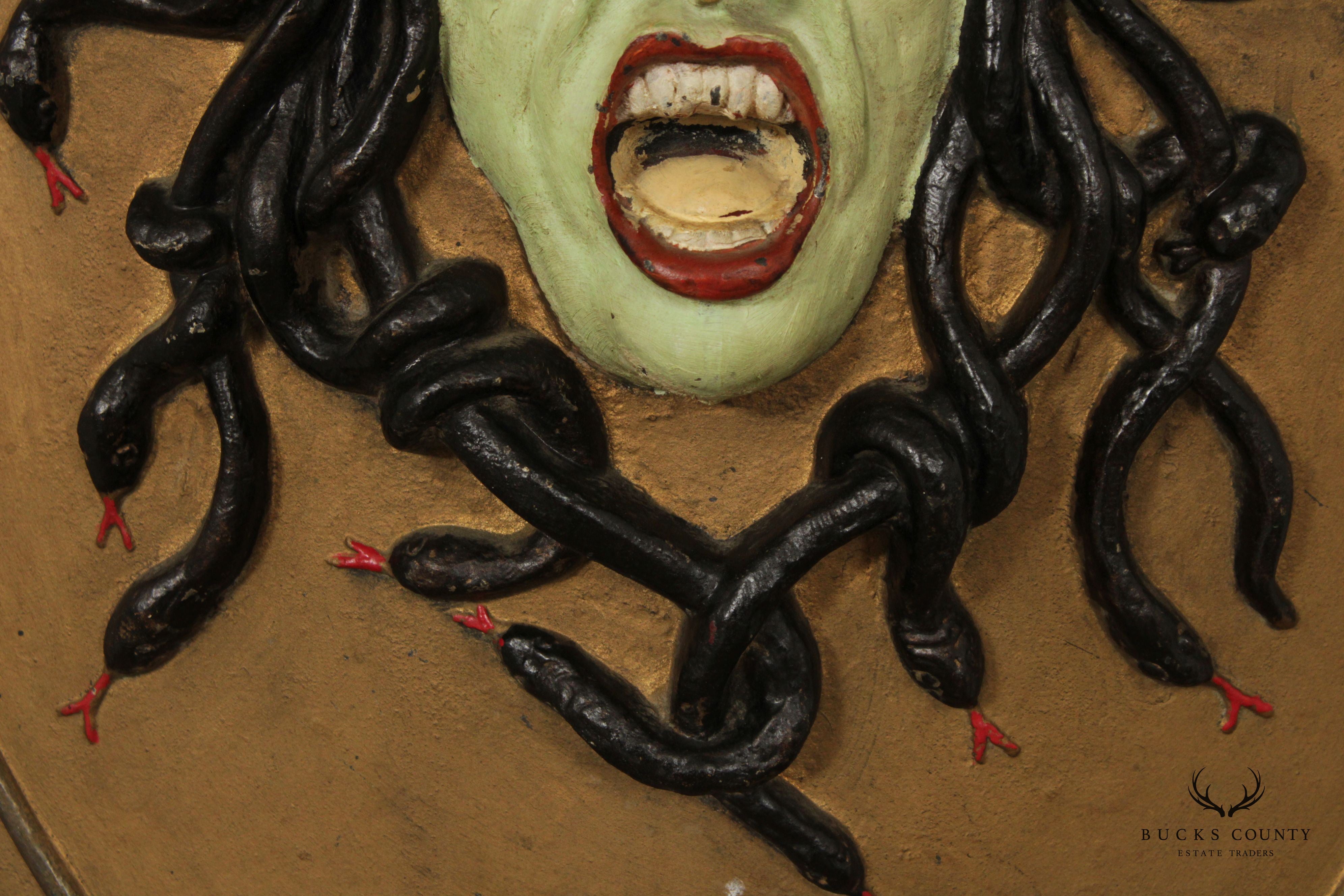 Antique Hand Painted Cast Iron Medusa Shield