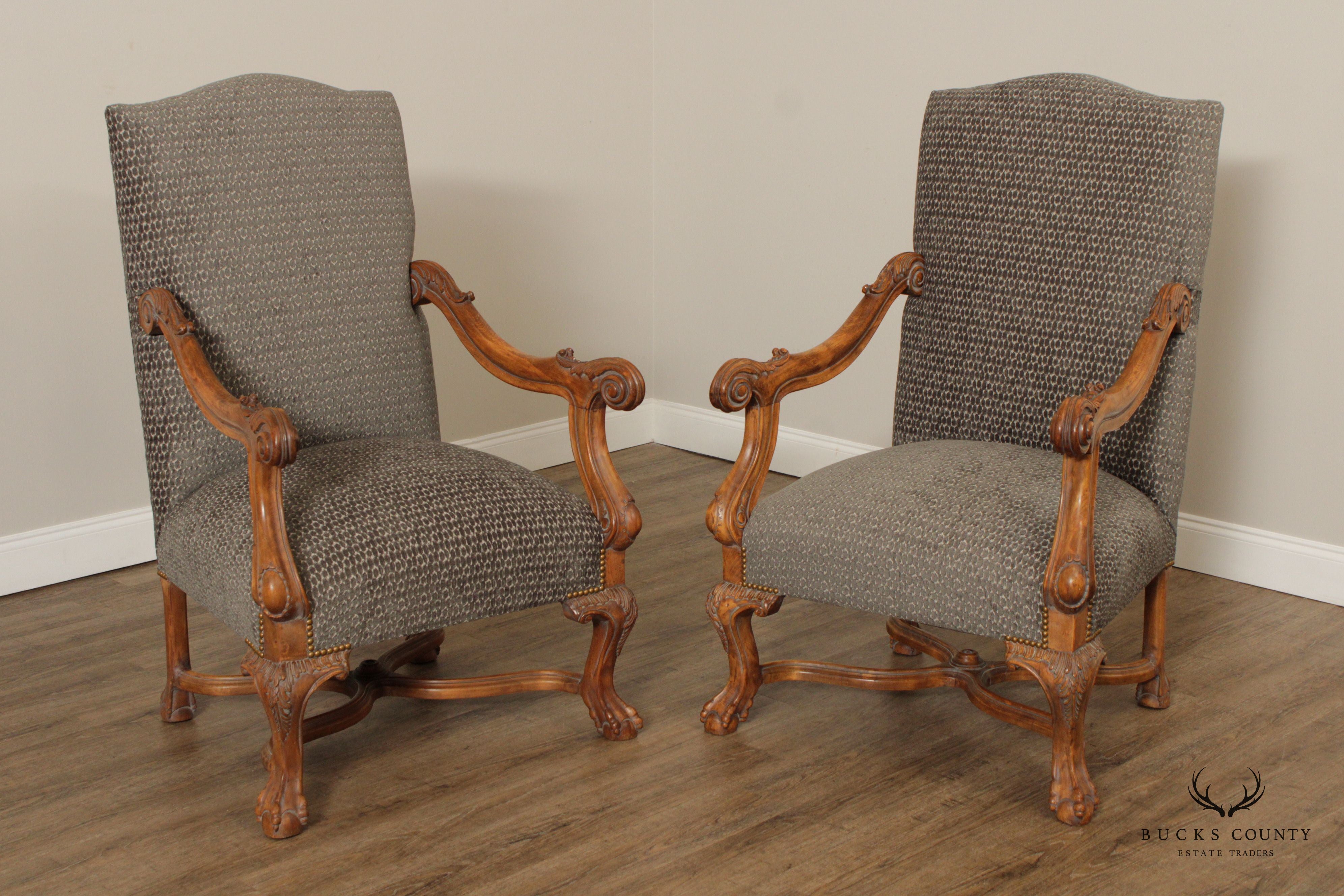 French Renaissance Revival Style Quality Pair of Carved And Upholstered Armchairs