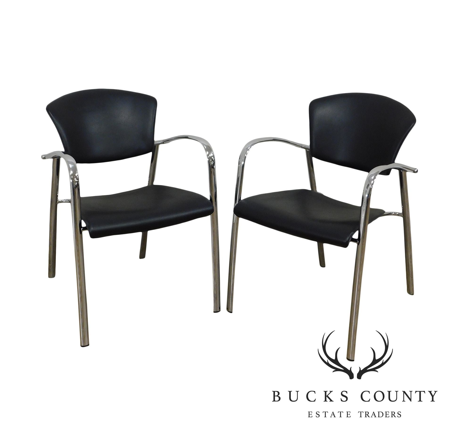 Brayton International Collection Steelcase Pair Chrome & Black Leatherette Armchairs