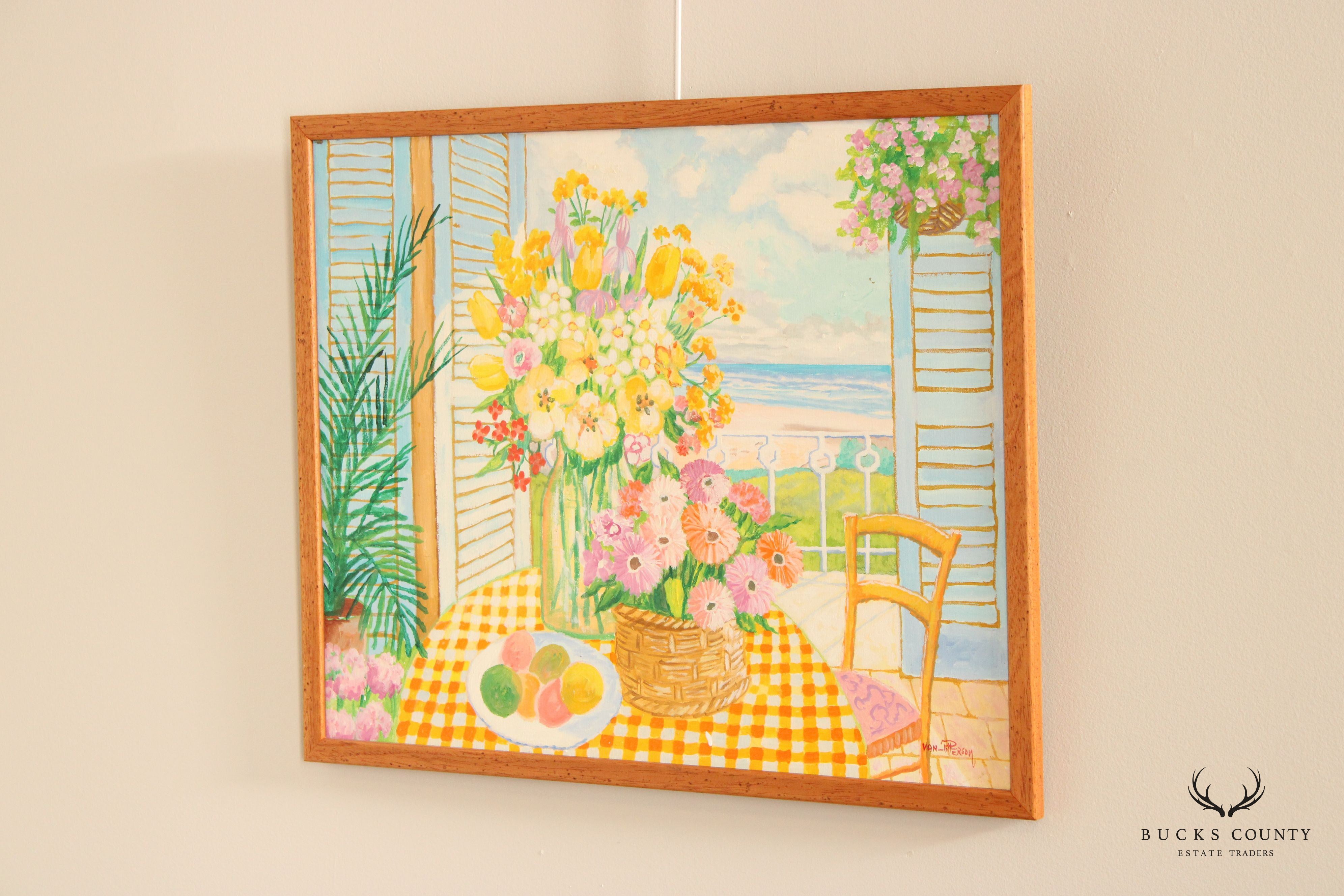 Lloyd Van Pitterson Tropical Ocean View Balcony Original Oil Painting, Custom Framed