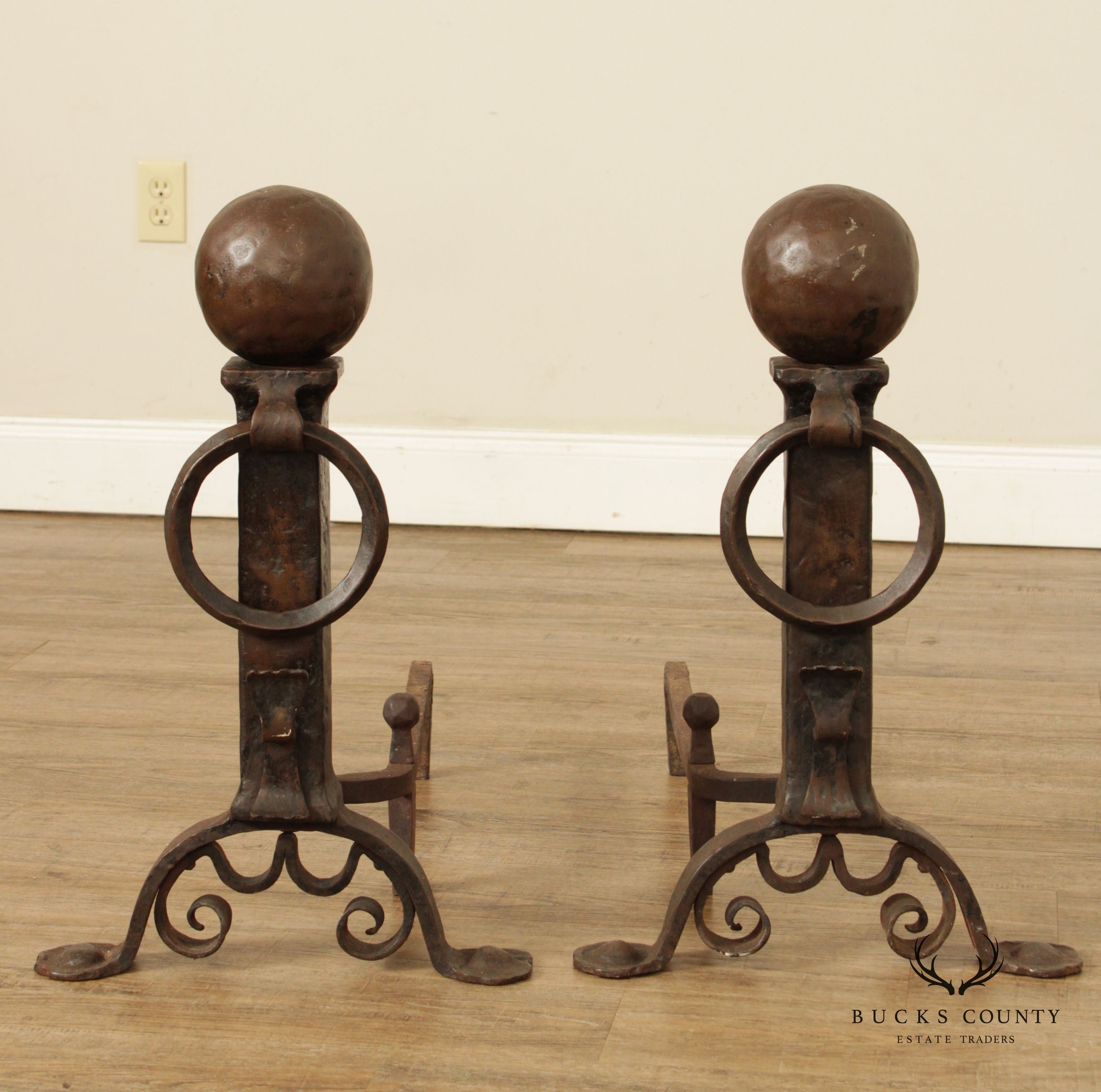 Arts & Crafts Antique Pair of Wrought Iron Andirons