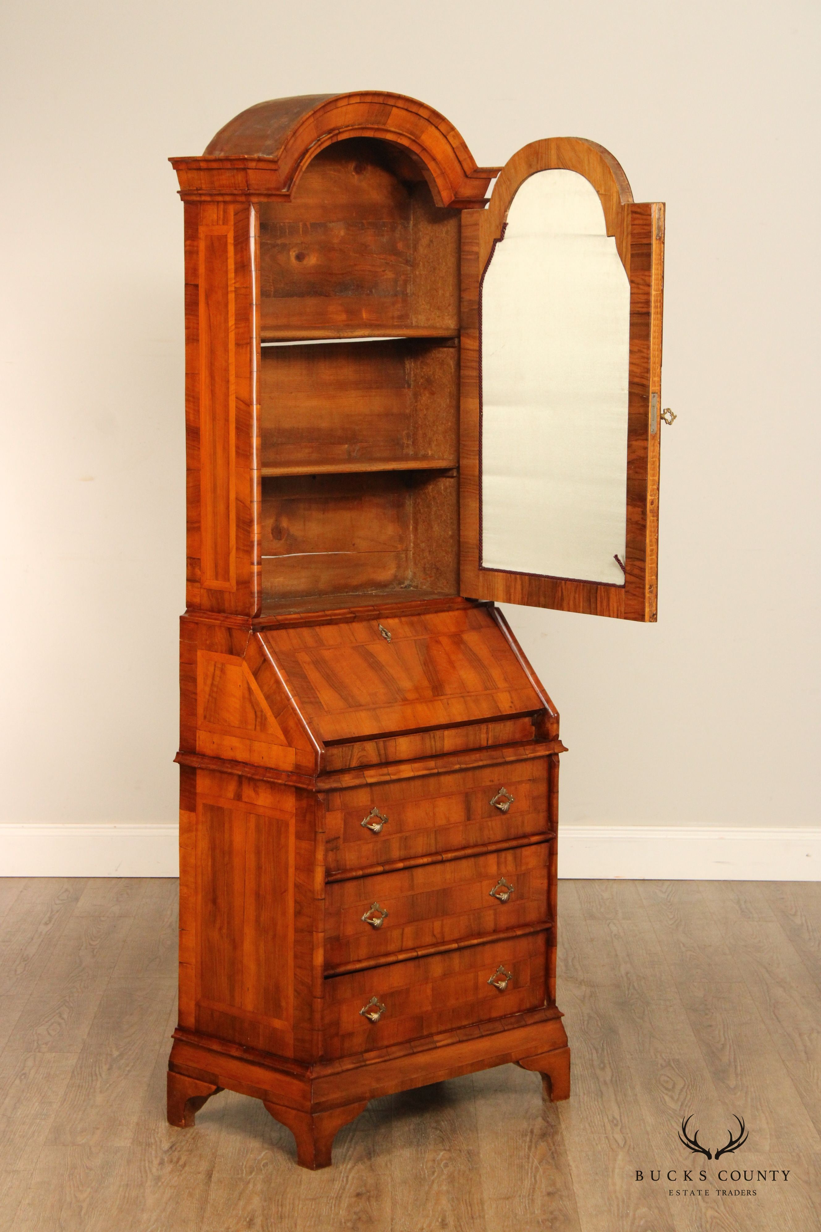 Antique Italian Burl Walnut Mirrored Secretary Desk