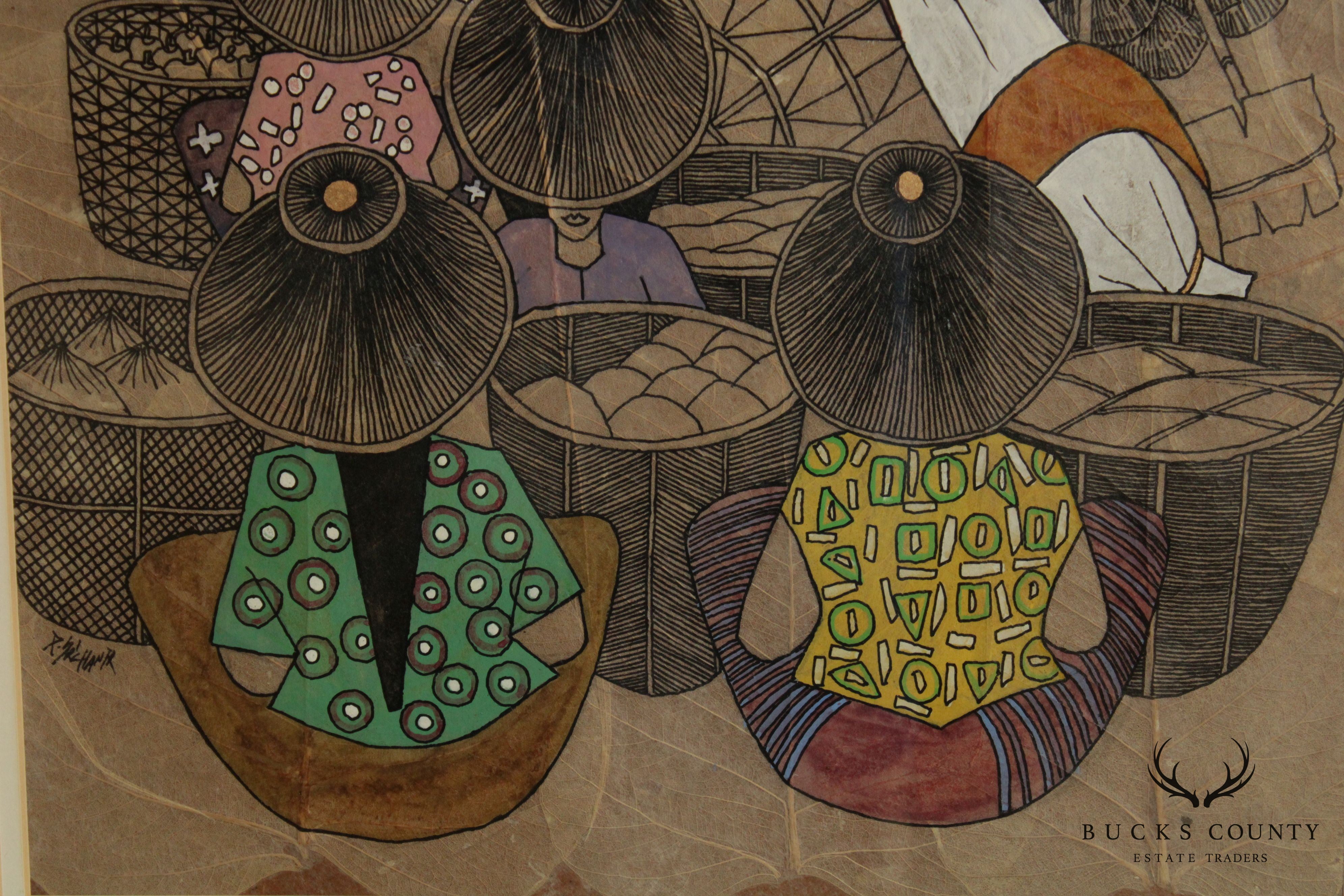 Vintage Thailand Market Original Mixed Media Drawing, Signed
