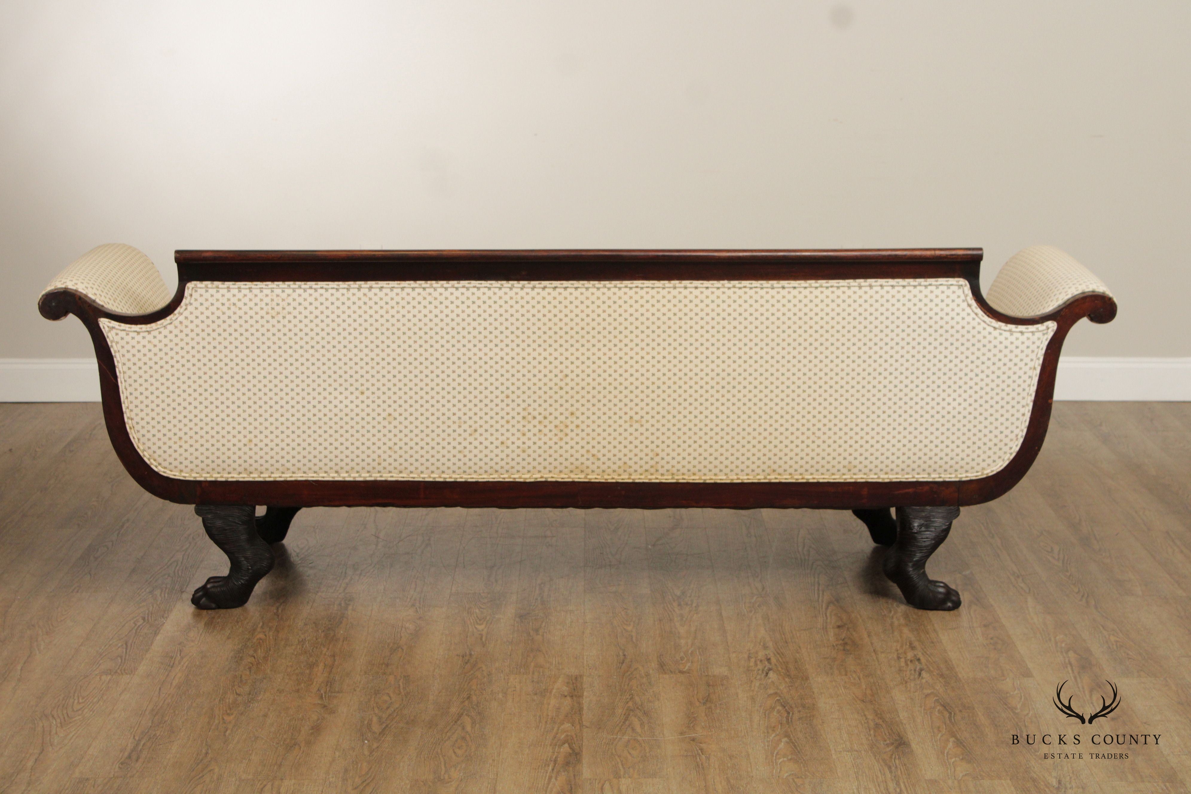 ANTIQUE AMERICAN CLASSICAL EMPIRE CARVED MAHOGANY CLAW FOOT SOFA