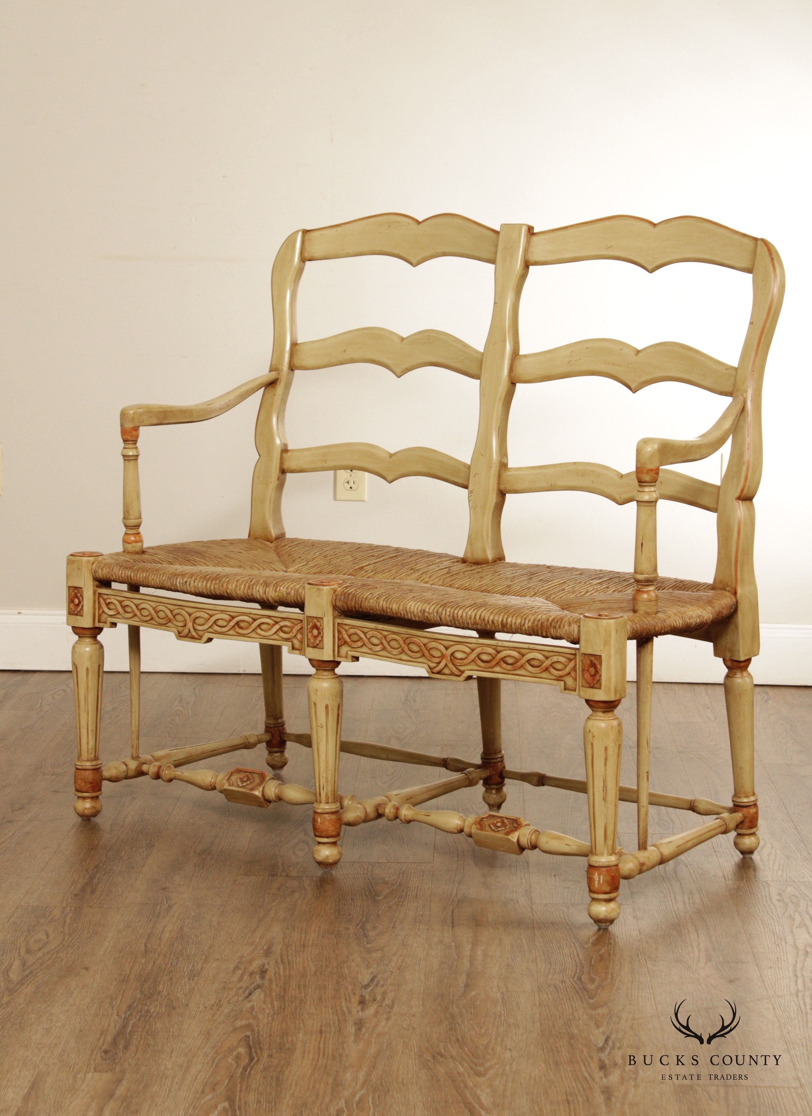 Rustic French Country Style Paint Frame Rush Seat Settee