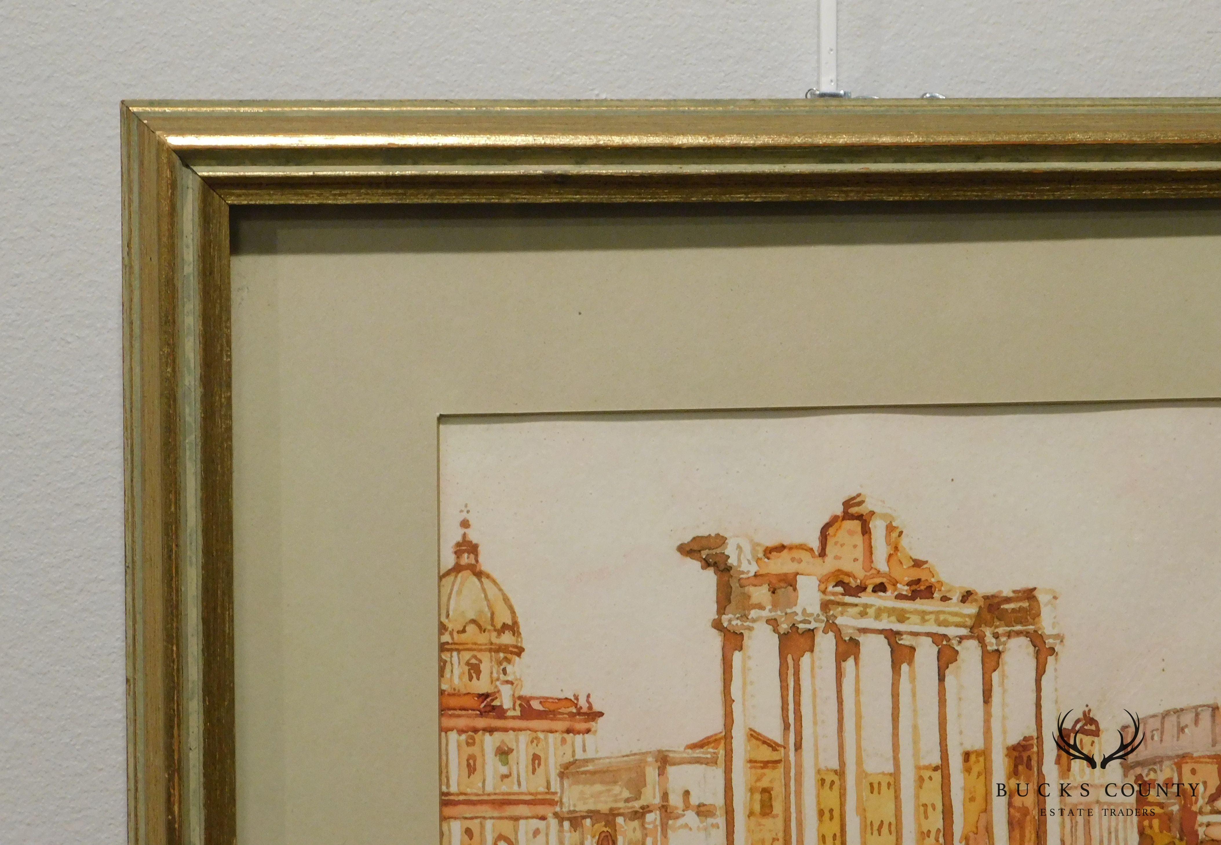 Vintage Roman Ruins Watercolor Painting Signed Bollazzi