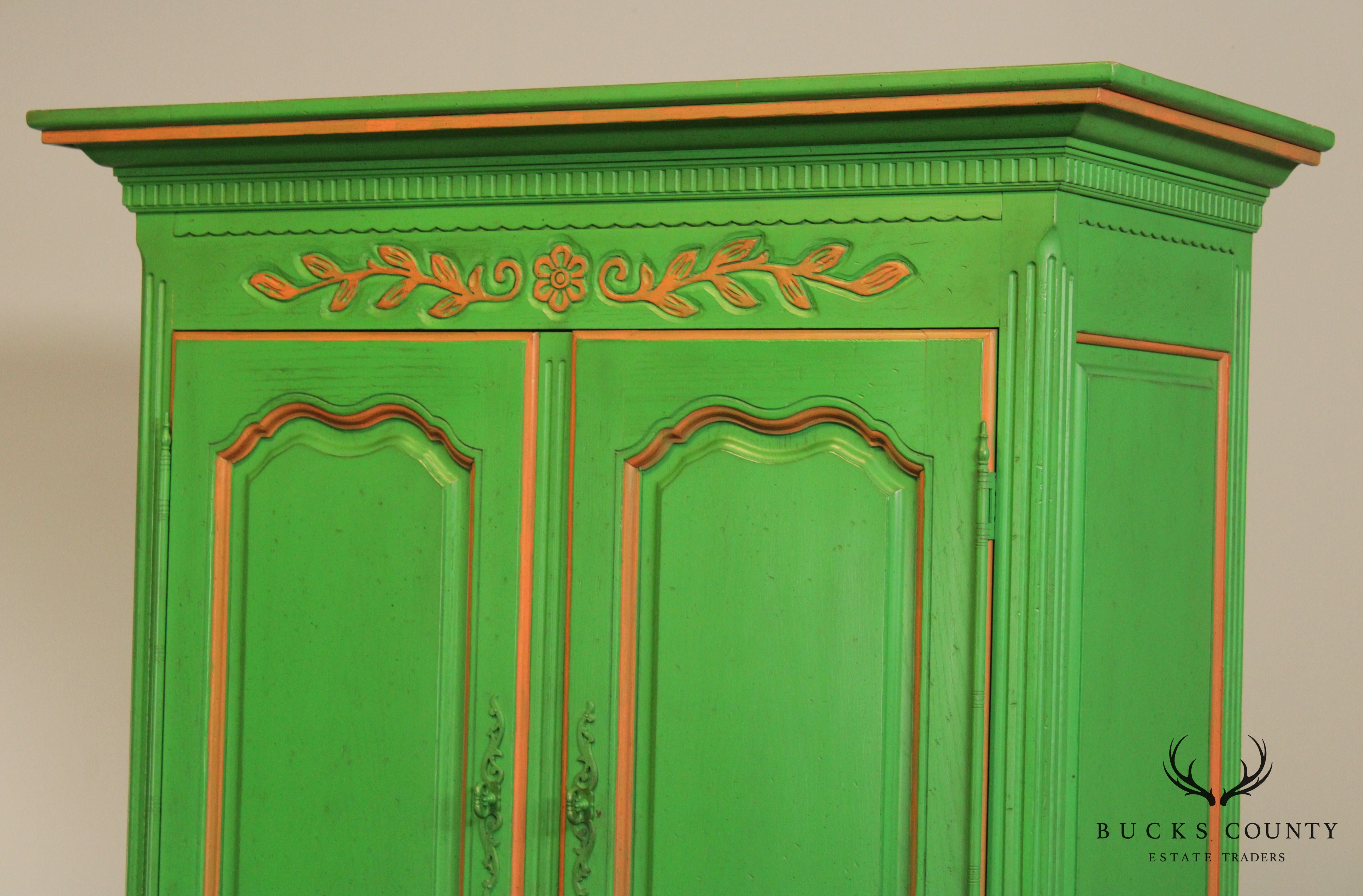 French Louis XV Style Custom Green Painted Pair Large Armoires