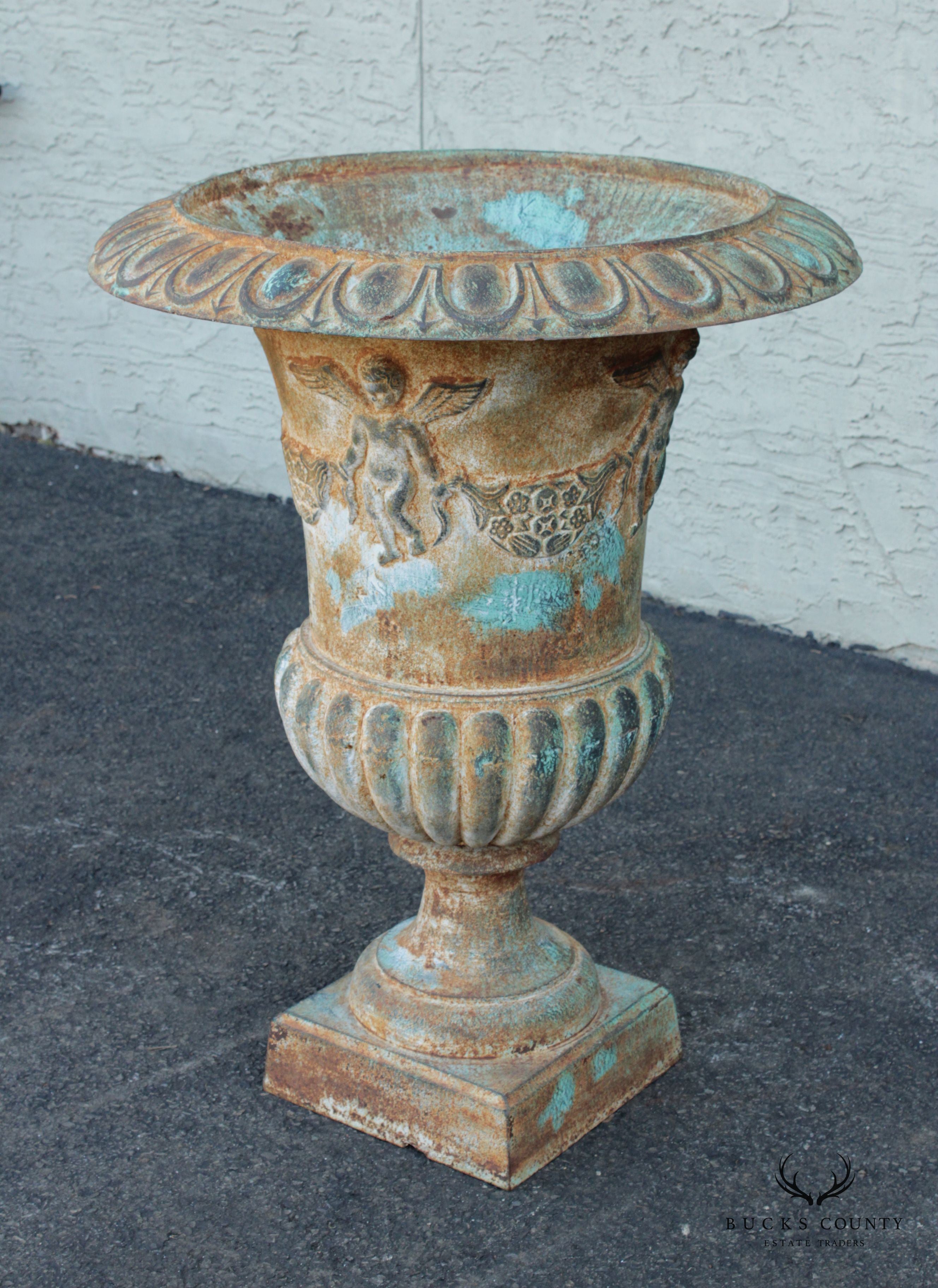 French Style Large Verdigris Cast Iron Garden Urn Planter