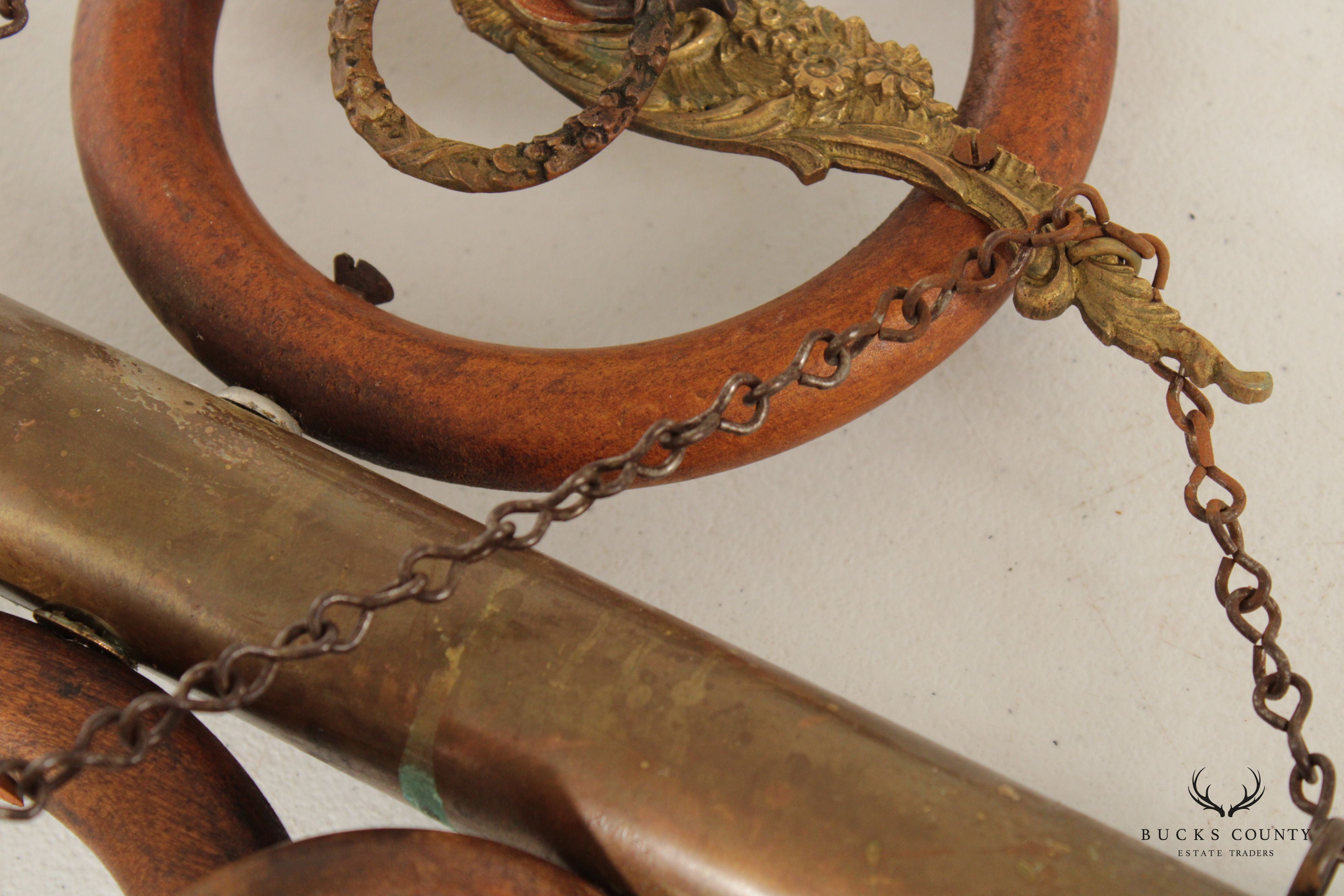 Antique Victorian Wood Rings and Brass Hanging Towel Rack
